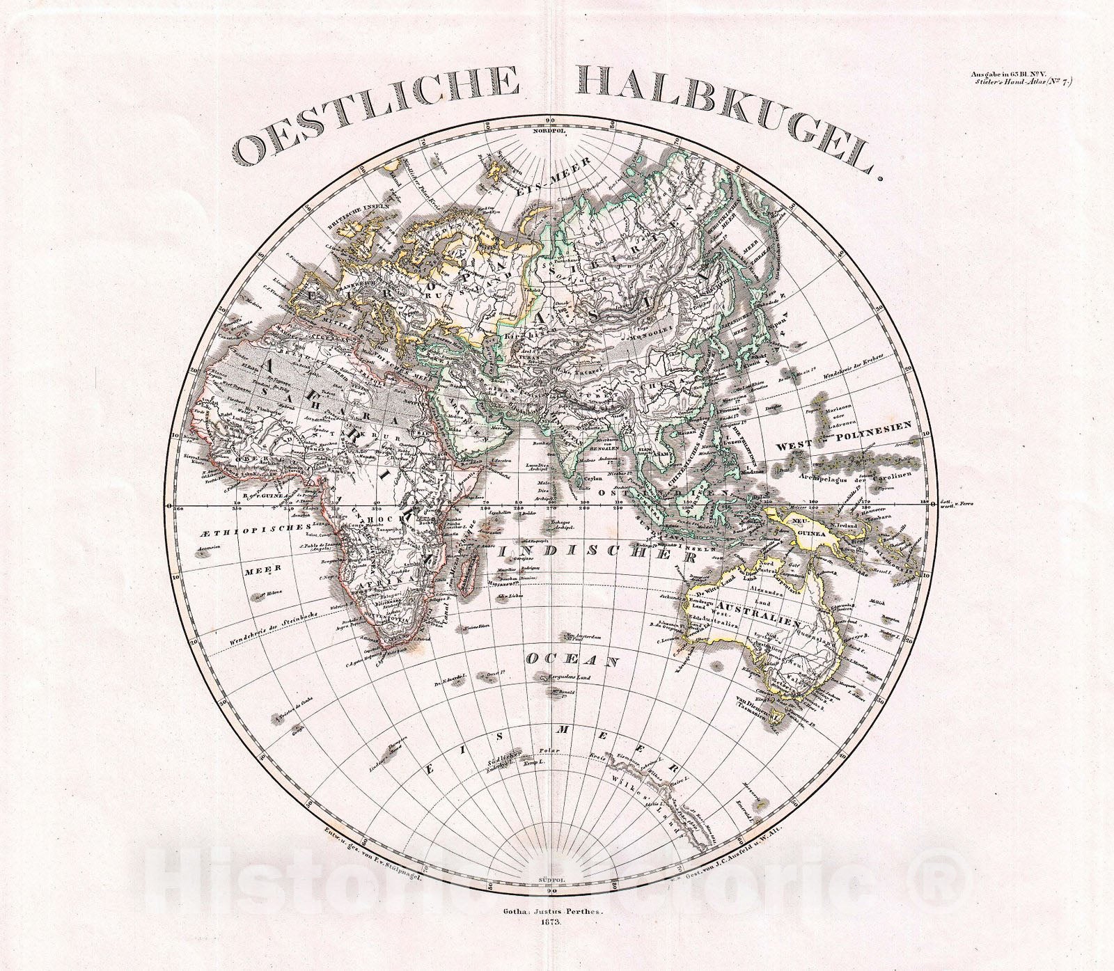 Historic Map : Stieler Map of The Eastern Hemisphere (Europe, Africa, Asia, Australia, Pacific) , 1873, Vintage Wall Art