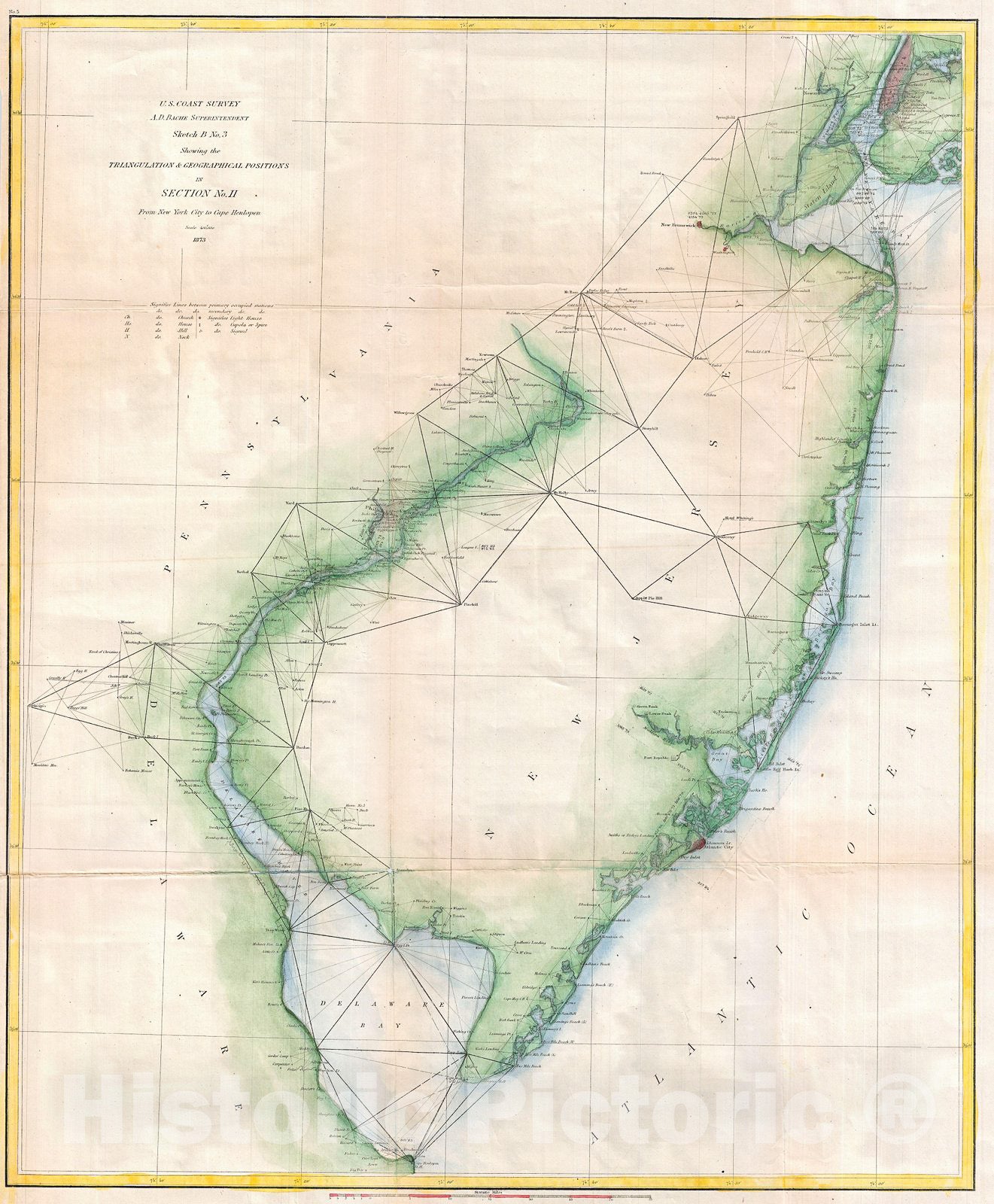 Historic Map : U.S. Coast Survey Chart or Map of New Jersey and The Delaware Bay, 1873, Vintage Wall Art