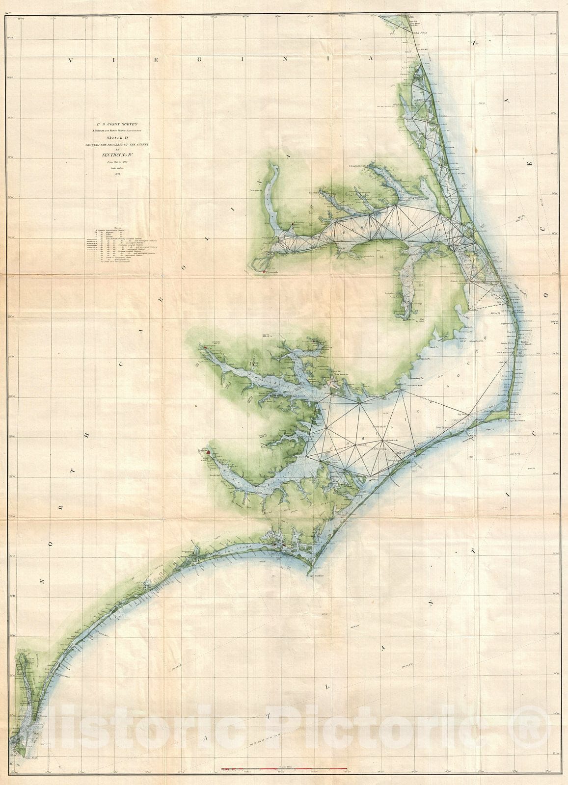 Historic Map : U.S. Coast Survey Chart or Map of The Carolina Coast, 1873, Vintage Wall Art