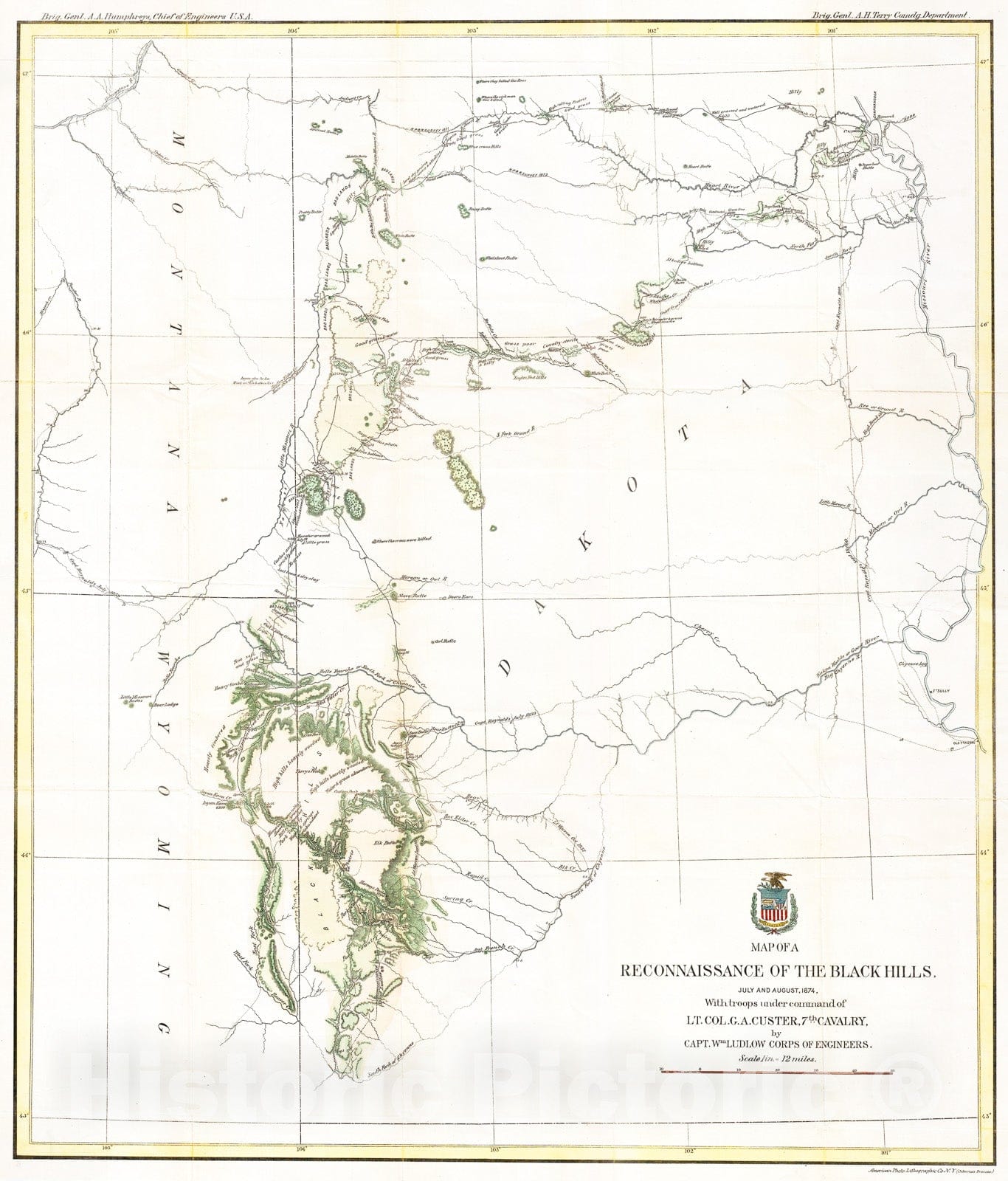 Historic Map : Ludlow and Custer Map of The Black Hills , 1874, Vintage Wall Art