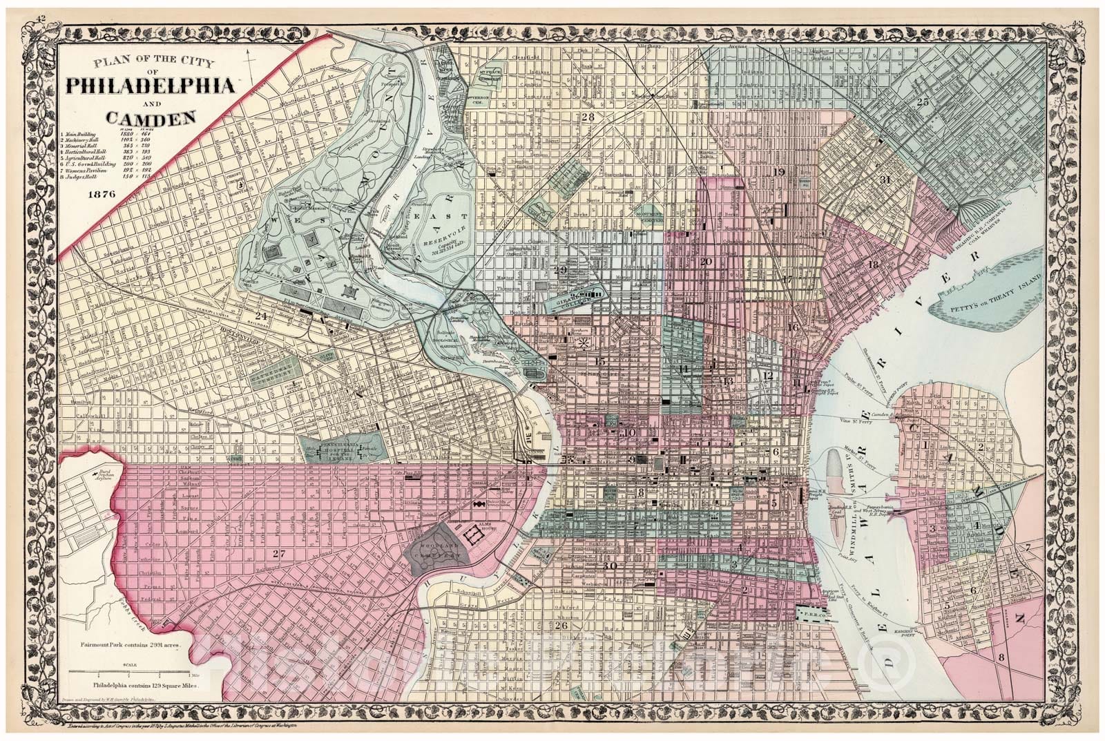 Historic Map : Mitchell Map of Philadelphia, Pennsylvania, 1876, Vintage Wall Art