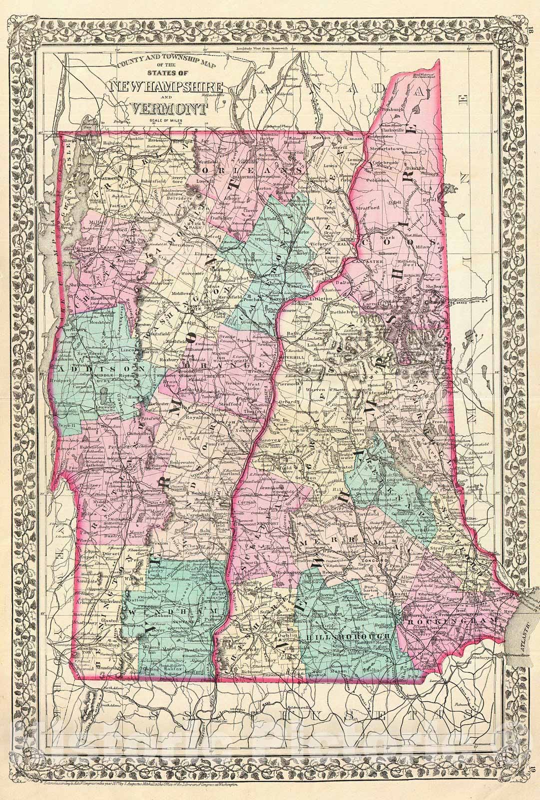 Historic Map : Mitchell Map of Vermont and New Hampshire, Version 3, 1877, Vintage Wall Art