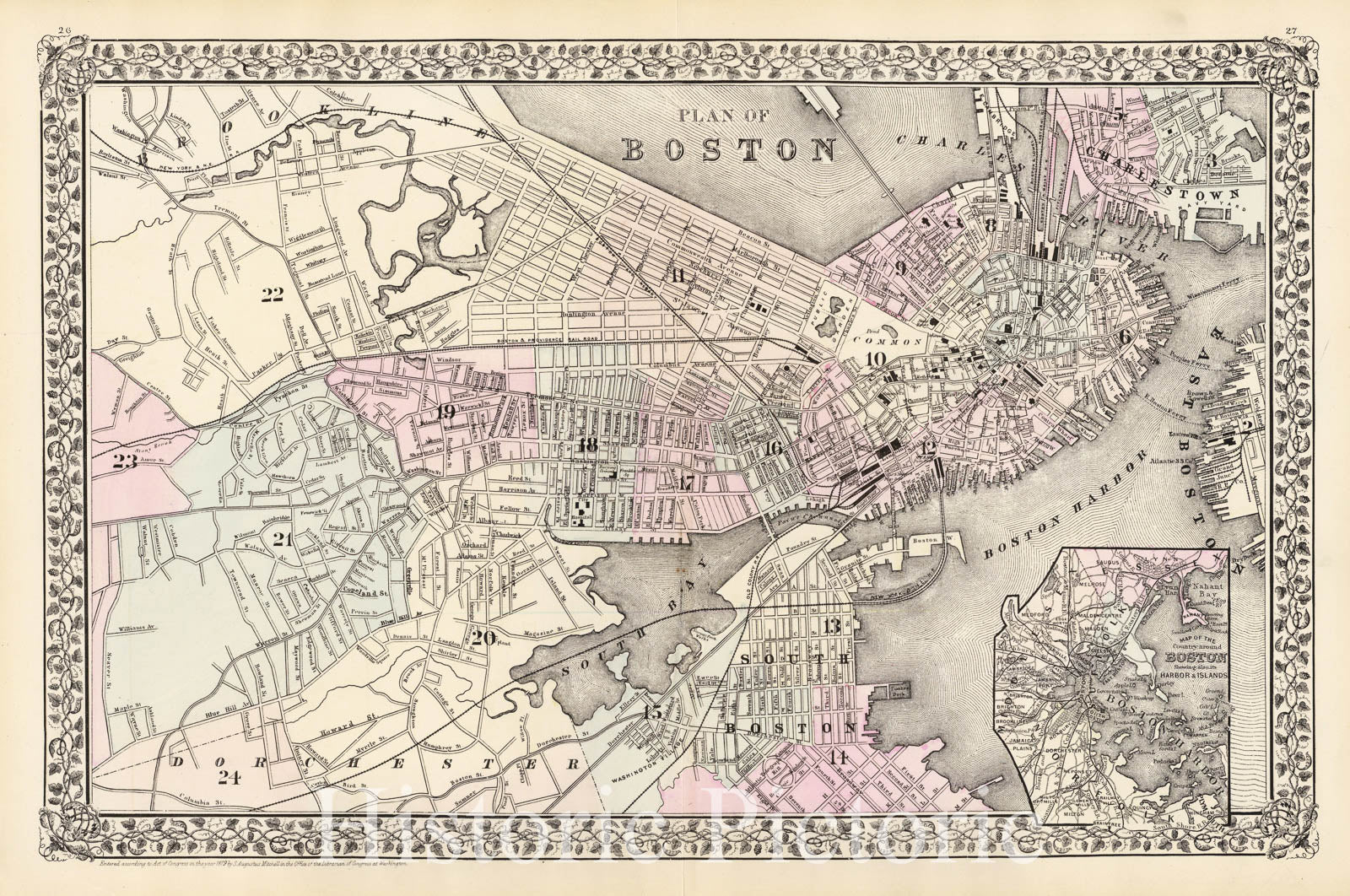 Historic Map : Mitchell Map of Boston, Massachusetts, 1879, Vintage Wall Art