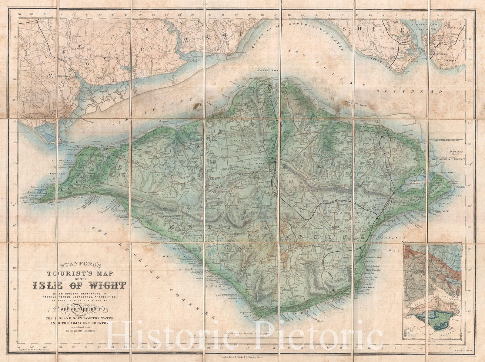Historic Map : Stanford Pocket Map of The Isle of Wight, England, 1879, Vintage Wall Art
