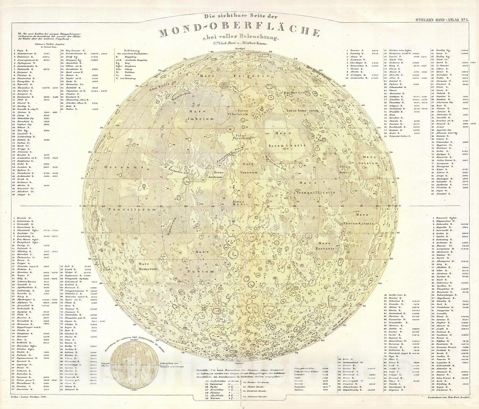Historic Map : Perthes, Stieler Map of The Moon , 1880, Vintage Wall Art