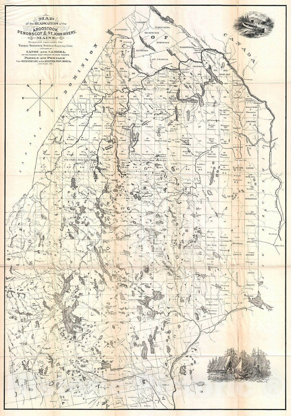 Historic Map : Thomas Sedgwick Steele Map of Maine, 1881, Vintage Wall Art