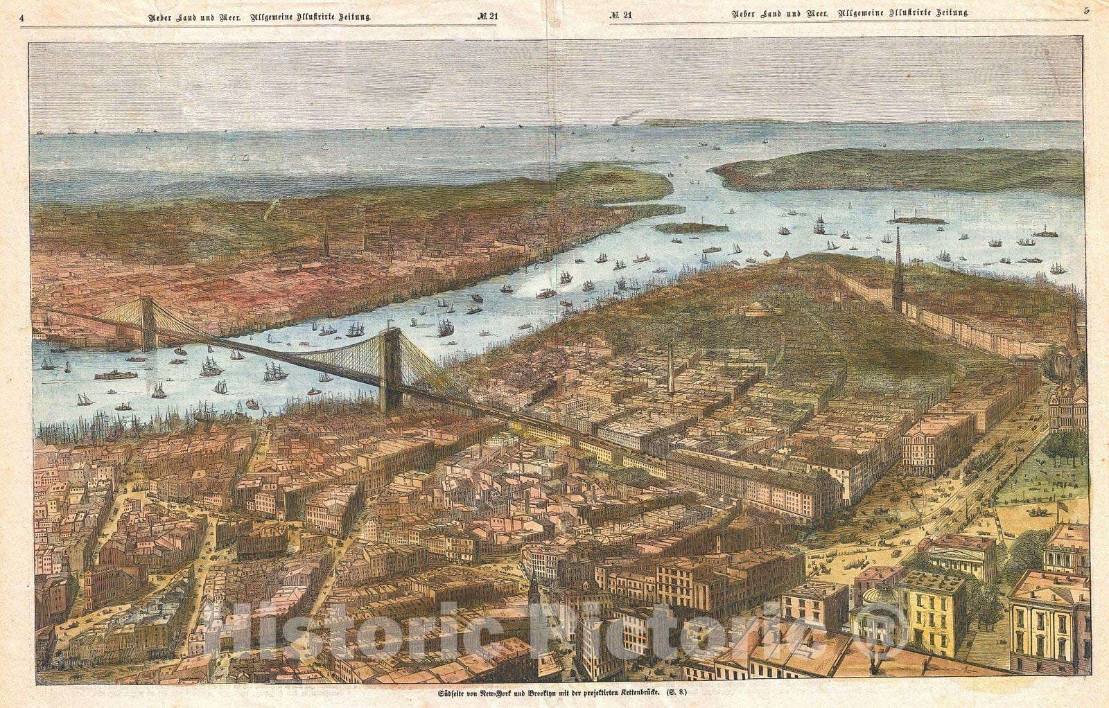 Historic Map German Map View of Lower Manhattan, The Brooklyn Bridge Historic Pictoric