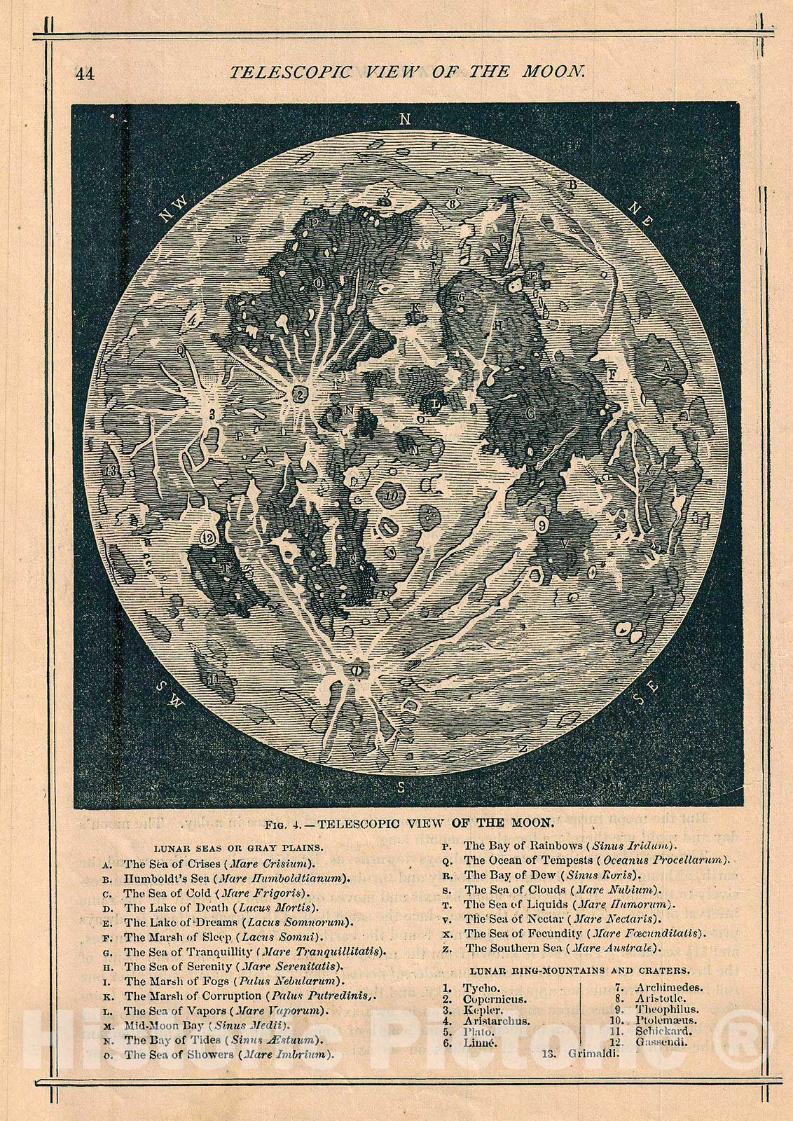 Historic Map : Telescopic View and Map of The Moon, 1886, Vintage Wall Art