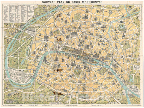 Historic Map : Guilmin map of Paris, France, Monuments, 1890, Vintage Wall Art
