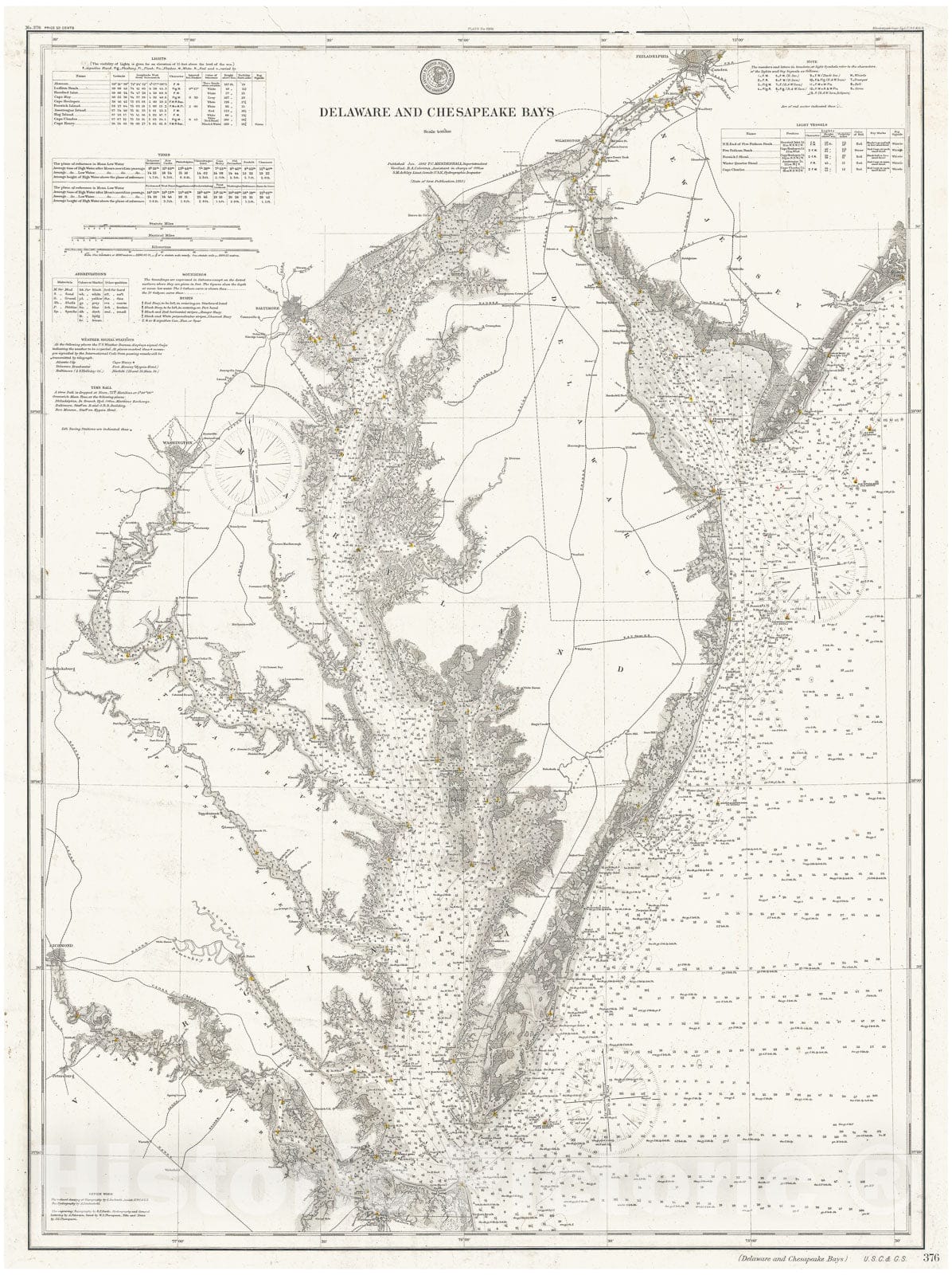 Historic Map : U.S. Coast Survey Nautical Chart or Map of The Chesapeake Bay and Delaware Bay, 1893, Vintage Wall Art