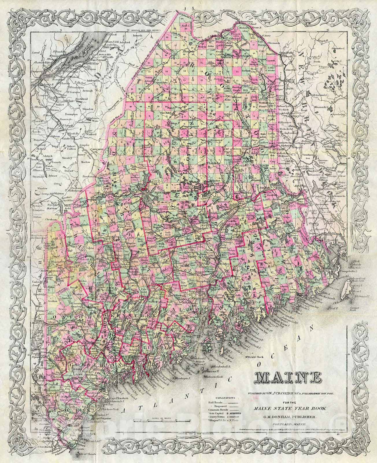 Historic Map : Colton Map of Maine, Version 2, 1894, Vintage Wall Art