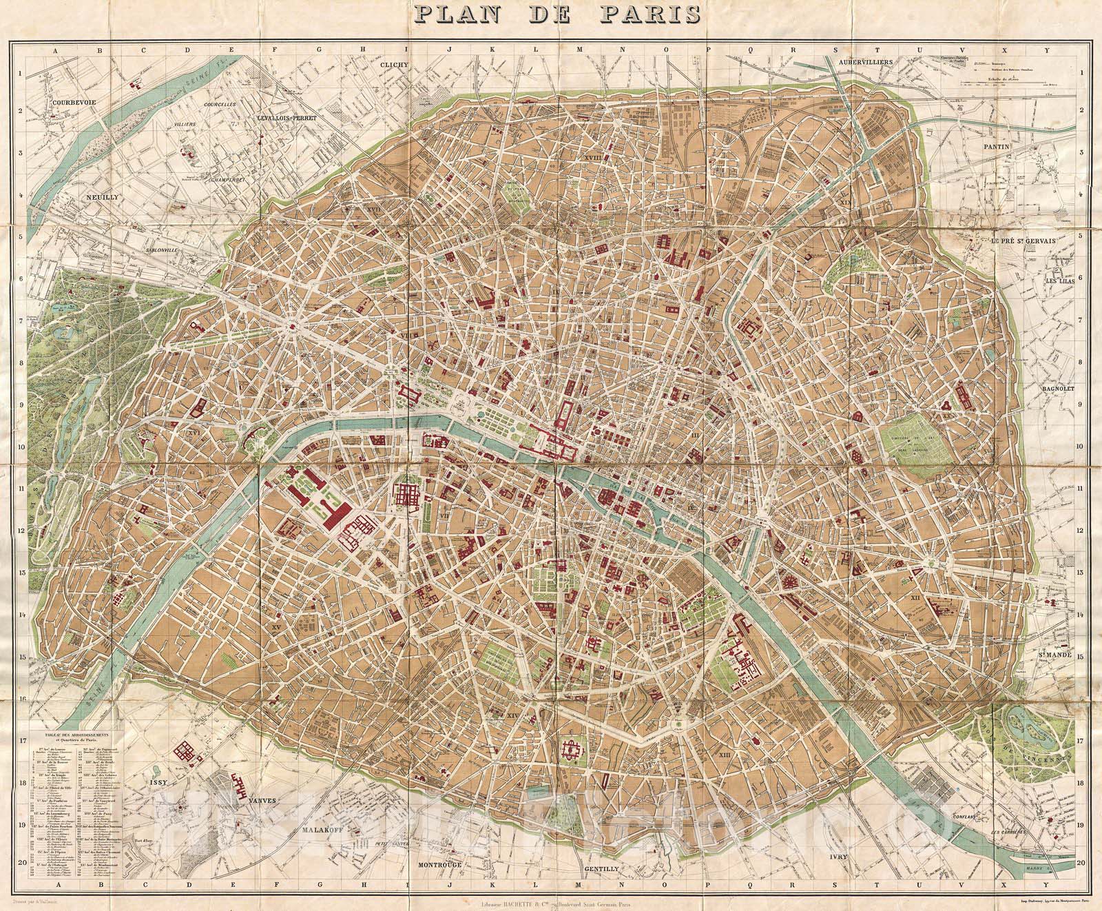 Historic Map : Hachette Pocket Map of Paris, France (Shows Eiffel Tower) , 1894, Vintage Wall Art