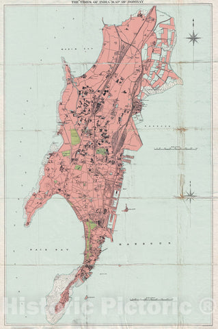 Historic Map : Times of India Map of Bombay, India, 1895, Vintage Wall Art