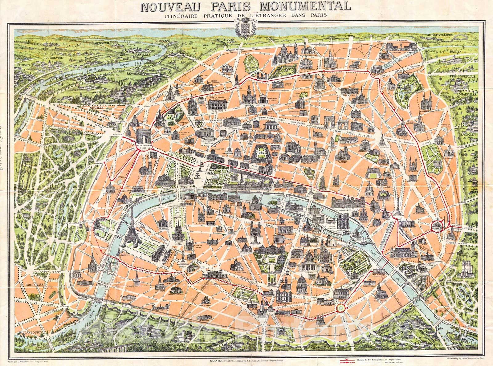 Historic Map : Garnier Pocket Map or Plan of Paris, France (Eiffel Tower), 1900, Vintage Wall Art