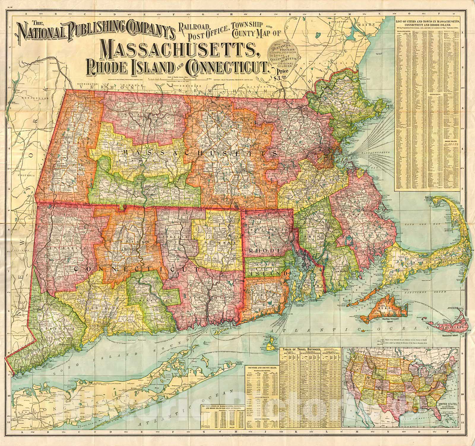 Historic Map : National Publishing Railroad Map of Connecticut, Massachusetts, and Rhode Island , 1900, Vintage Wall Art