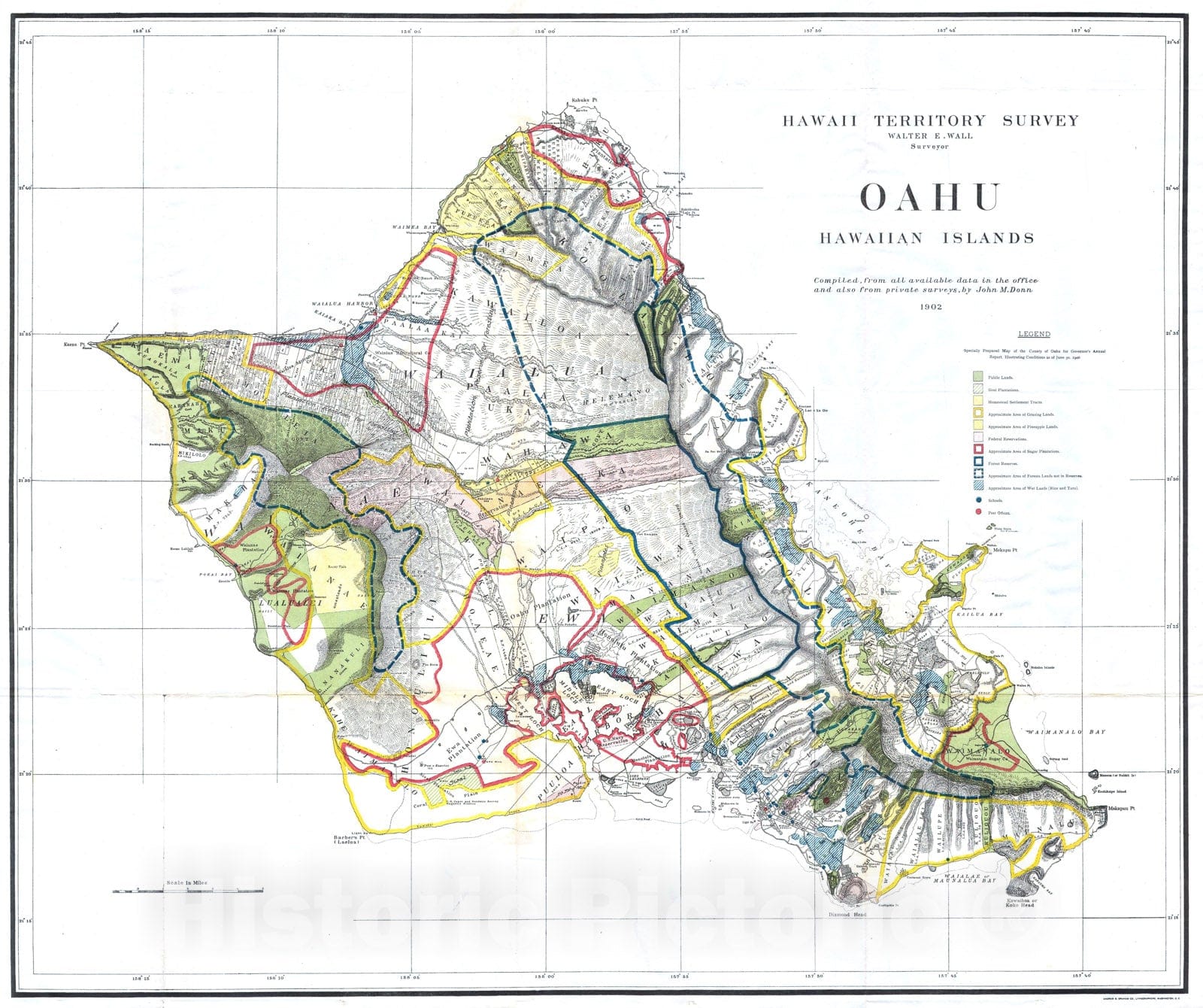 Historic Map : Land Office Map of The Island of Oahu, Hawaii (Honolulu) , 1902, Vintage Wall Art