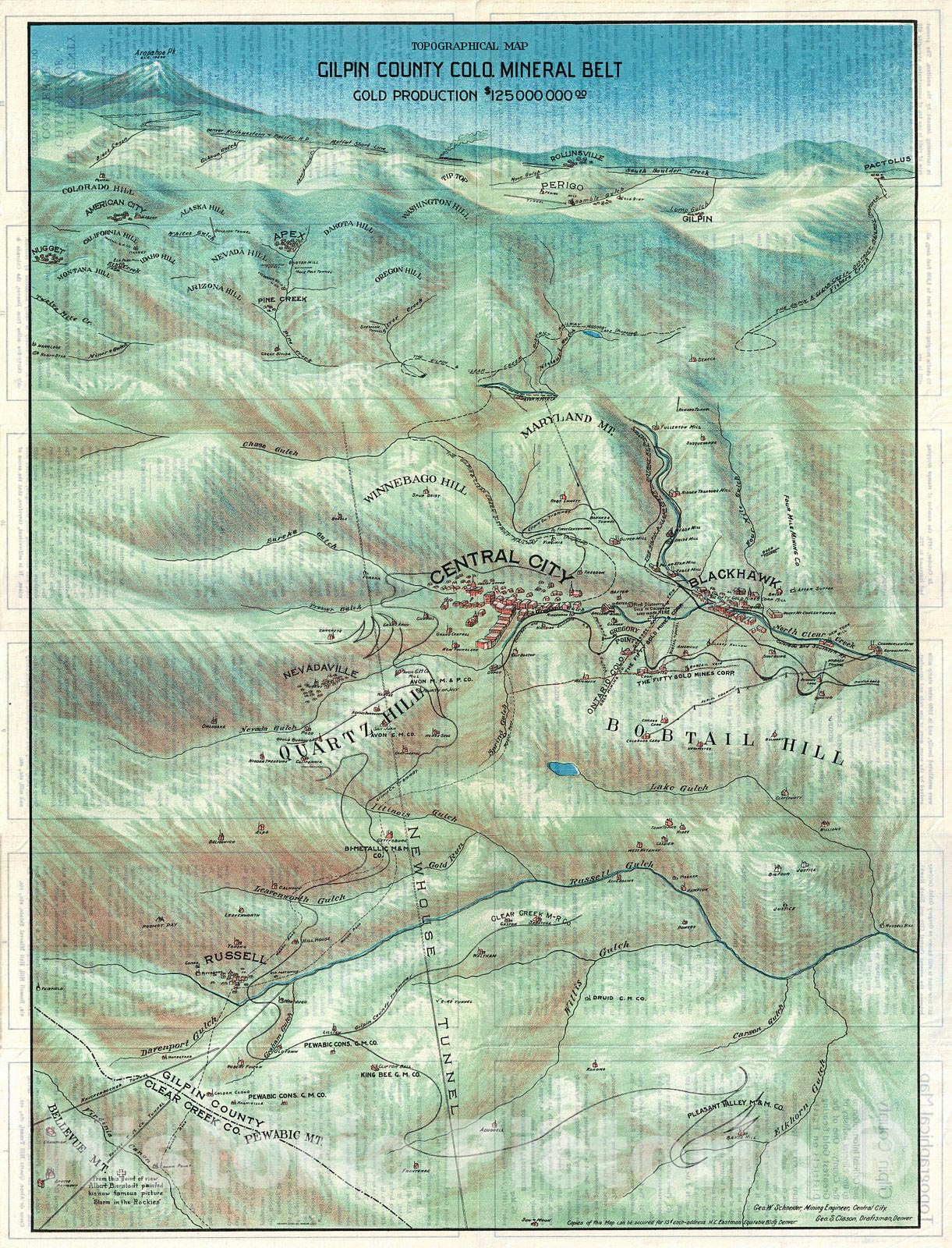 Historic Map : Clason Map or View of The Gilpin Colorado Gold and Mineral Belt , 1904, Vintage Wall Art