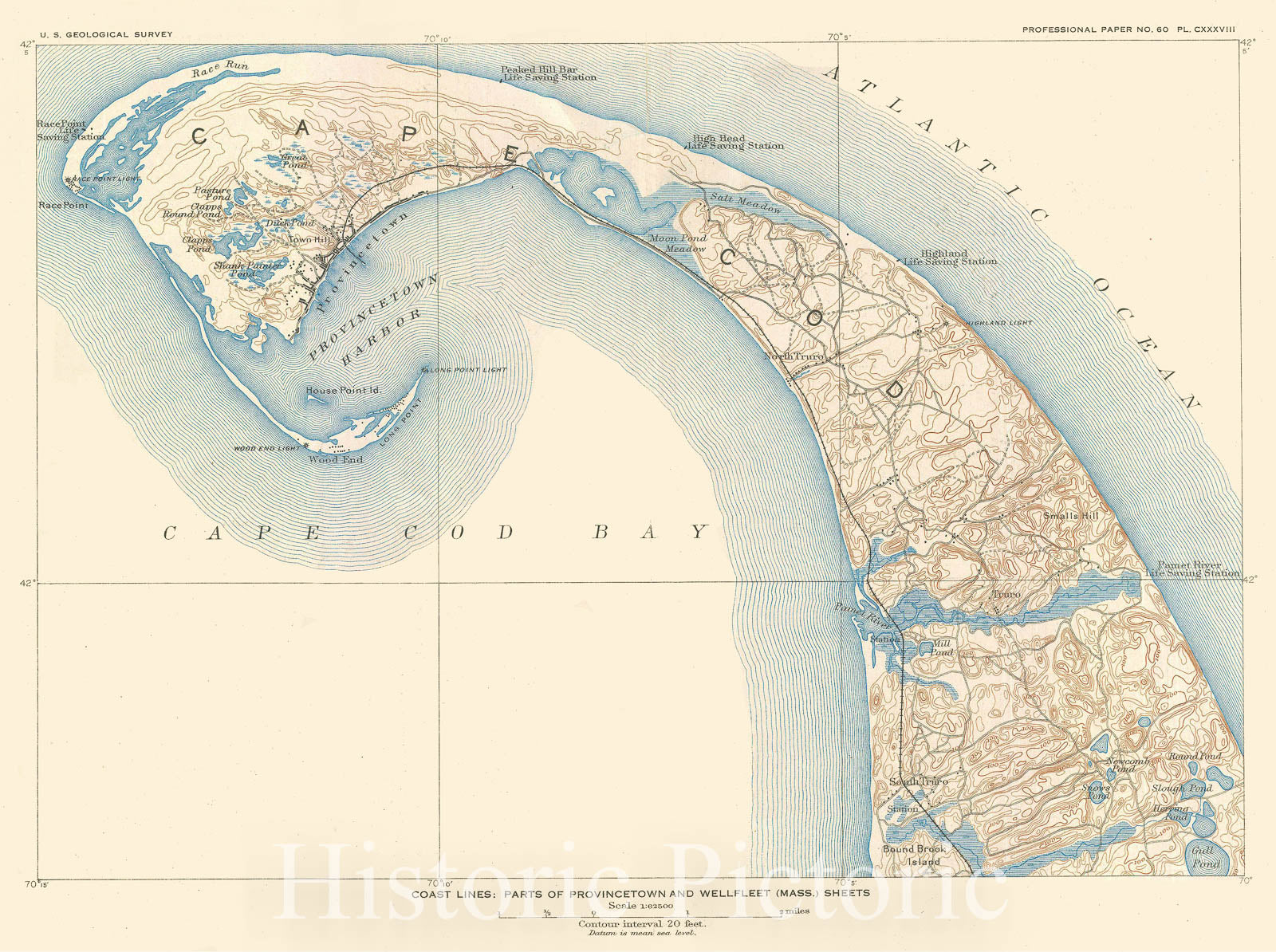 Historic Map : U.S. Geological Survey Map of Provincetown, Cape Cod, Massachusetts, 1908, Vintage Wall Art