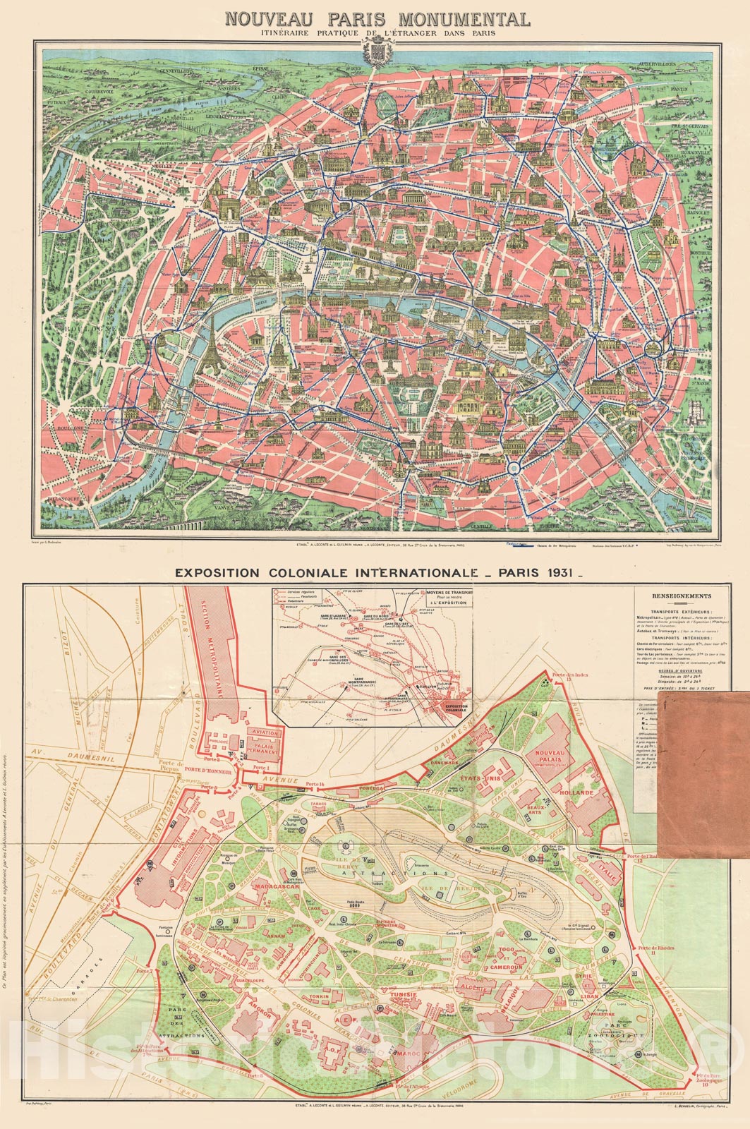 Historic Map : Leconte Map of Paris wMonuments and Map of The Exposition Coloniale, Version 3, 1931, Vintage Wall Art