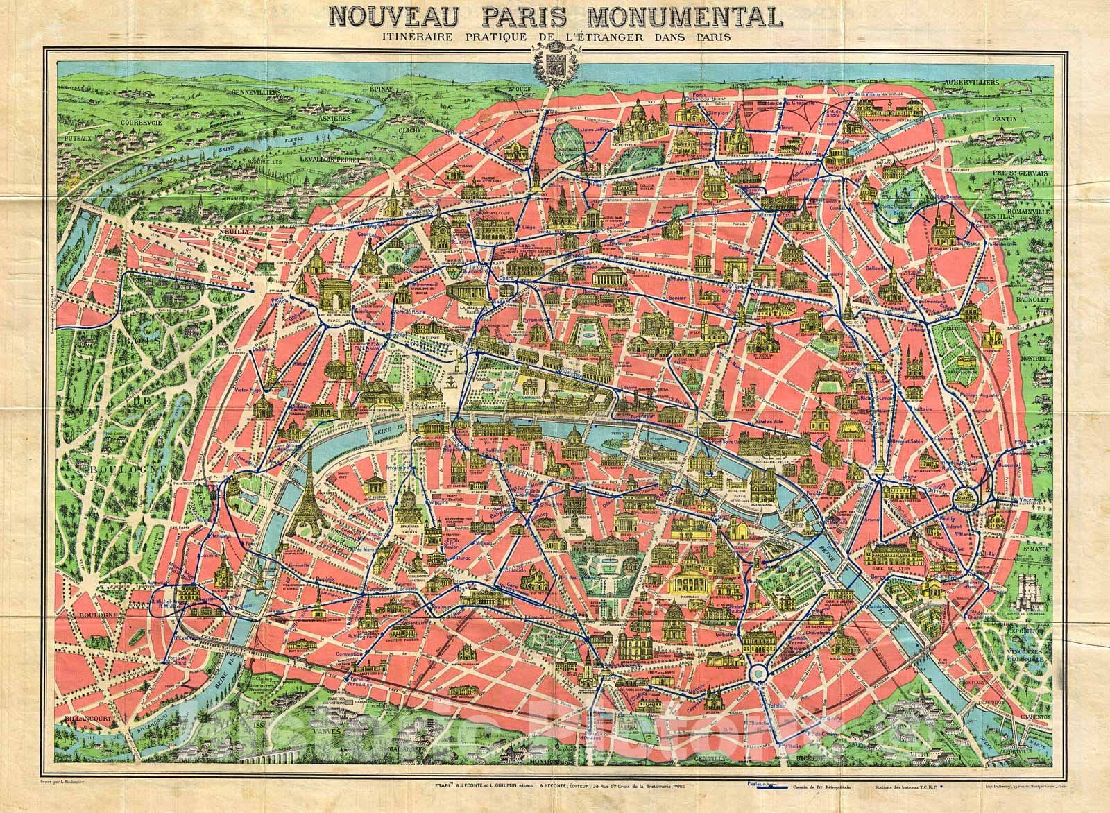 Historic Map : Leconte Map of Paris wMonuments and Map of The Exposition Coloniale, Version 2, 1931, Vintage Wall Art