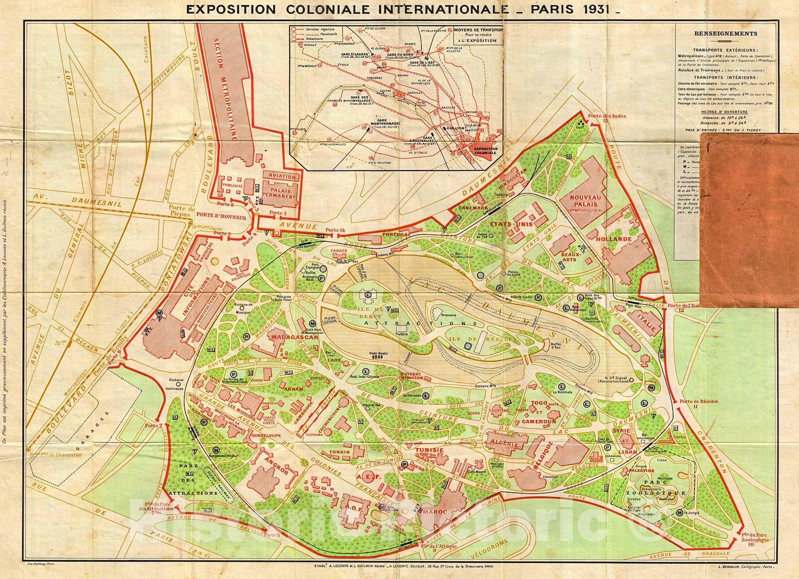 Historic Map : Leconte Map of Paris wMonuments and Map of The Exposition Coloniale, 1931, Vintage Wall Art