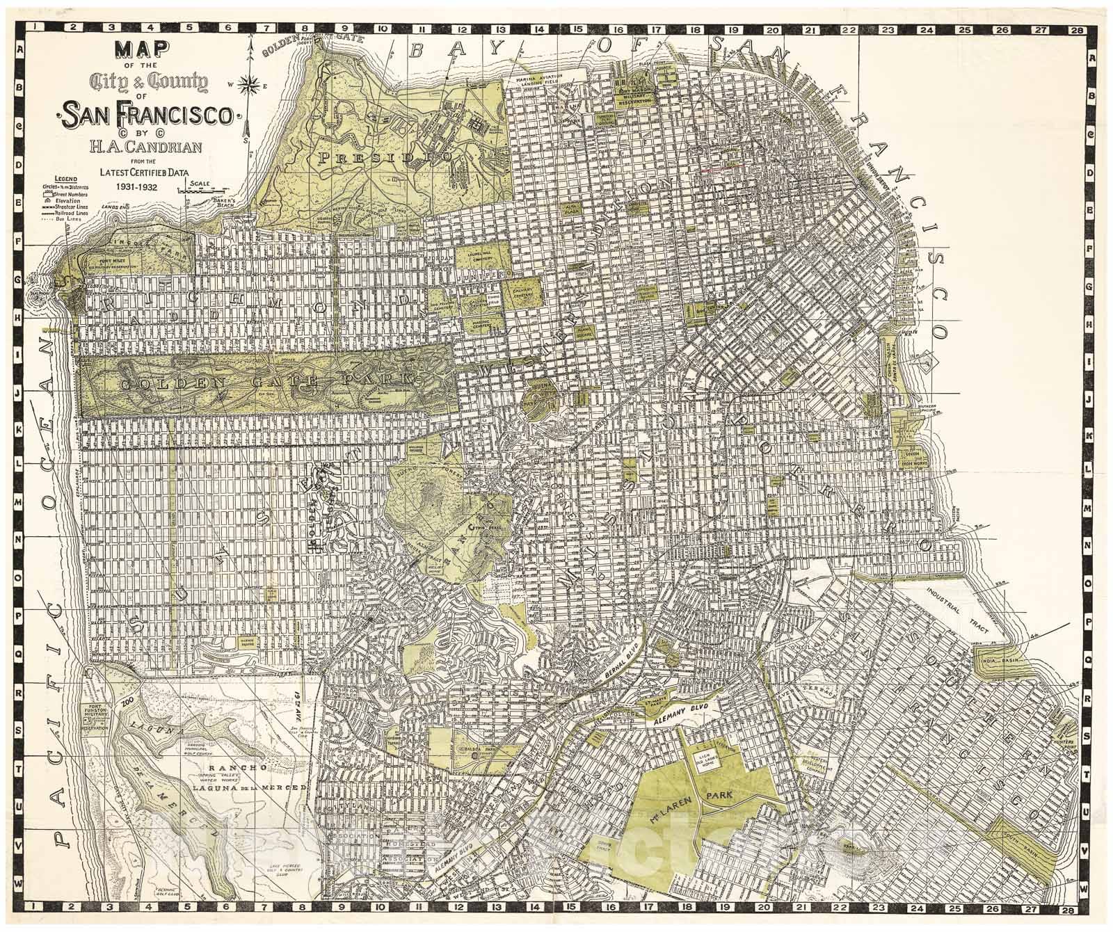 Historic Map : Candrain Map of San Francisco, California, 1932, Vintage Wall Art