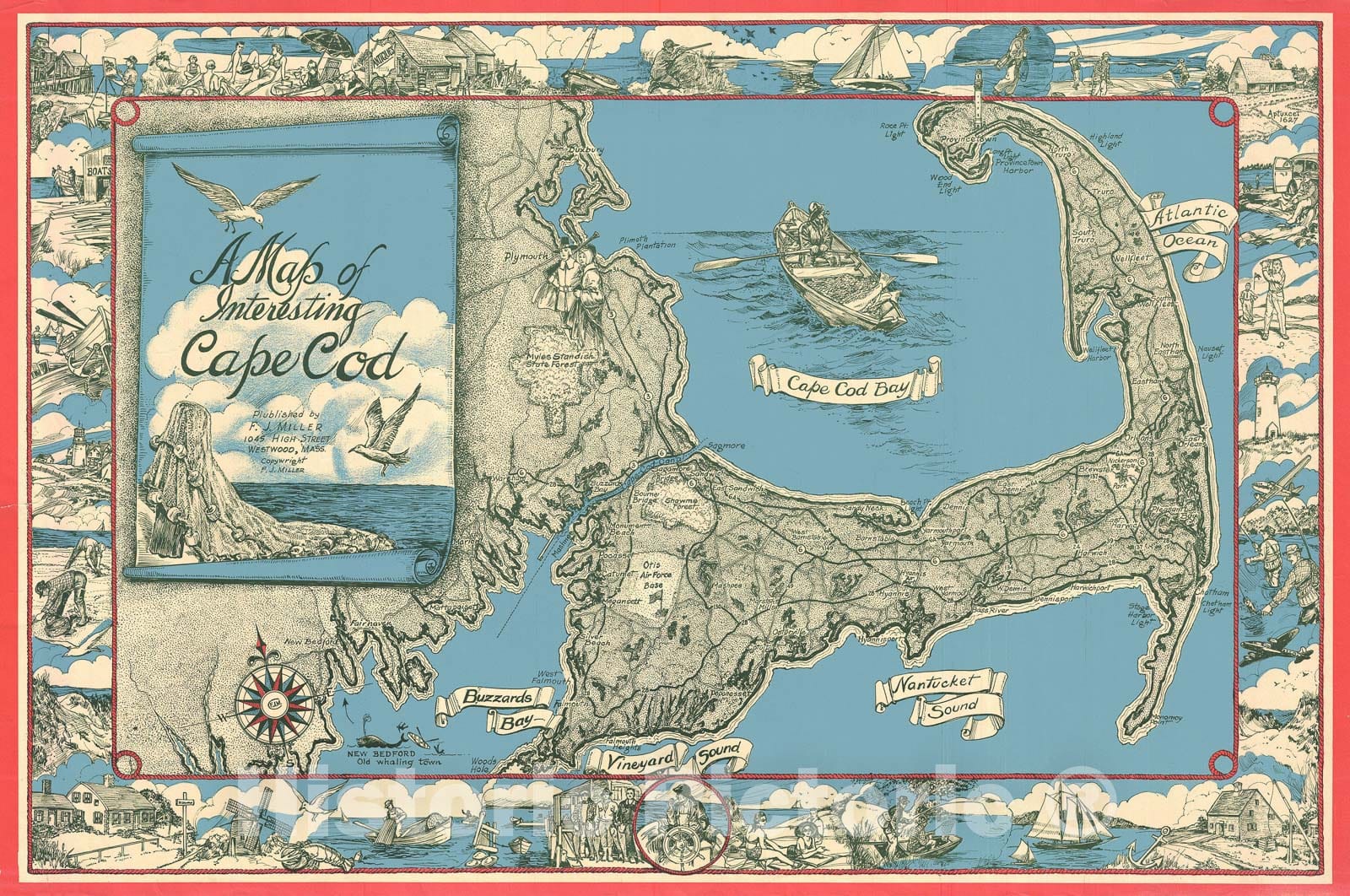 Historic Map : Miller Map of Cape Cod, Massachusetts, 1945, Vintage Wall Art