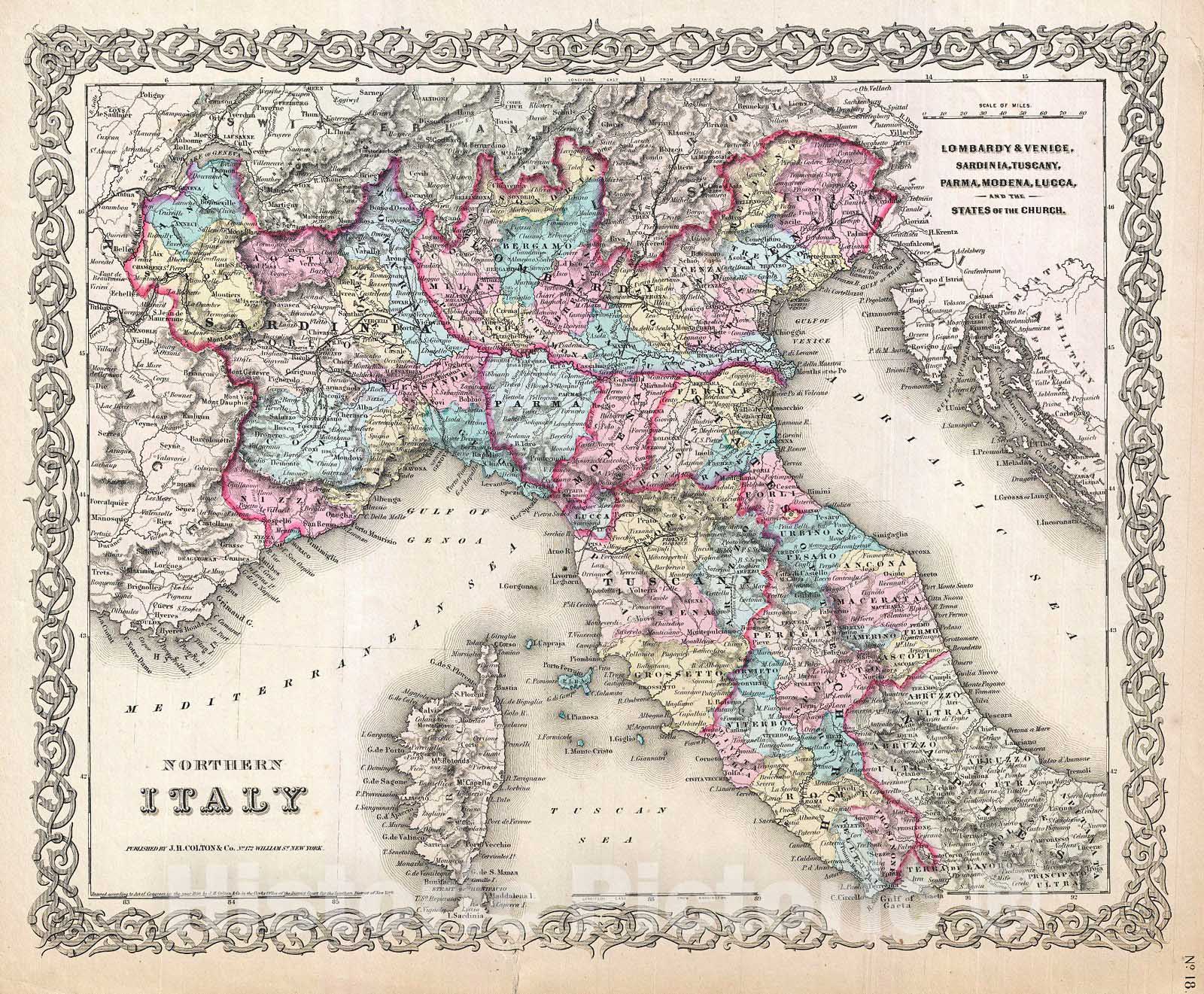 Historic Map : Colton's Map of Northern Italy and Corsica , 1855, Vintage Wall Art