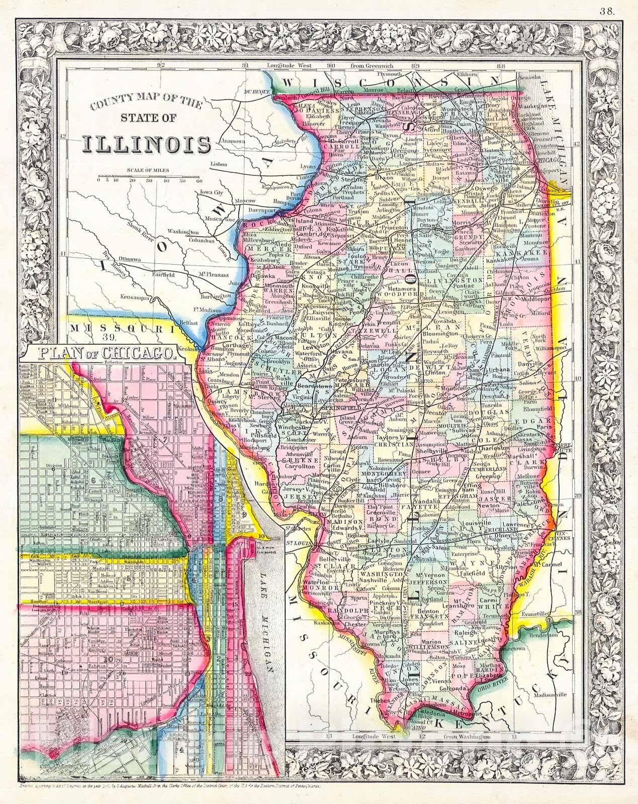 Historic Map : Mitchell's Map of Illinois w Chicago Inset, 1861, Vintage Wall Art