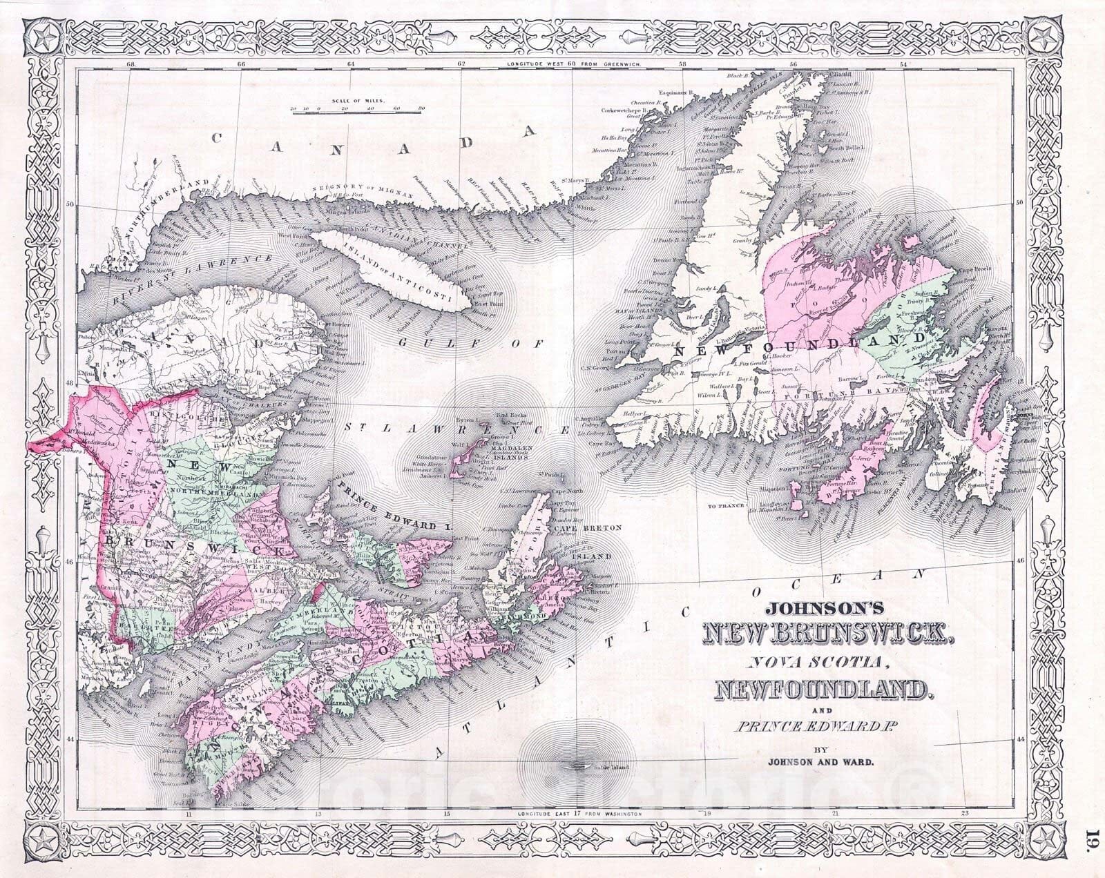Historic Map : Johnson's New Brunswick, Nova Scotia, Newfoundland, and Prince Edward, 1865, , Vintage Wall Art