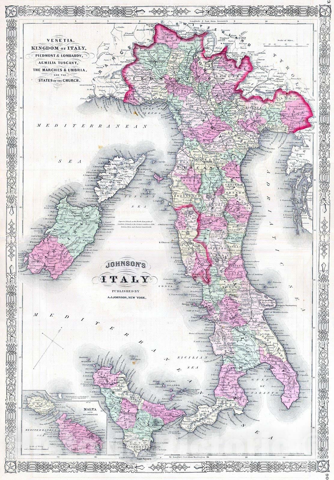 Historic Map : Johnson's Map of Italy, 1864, Vintage Wall Art