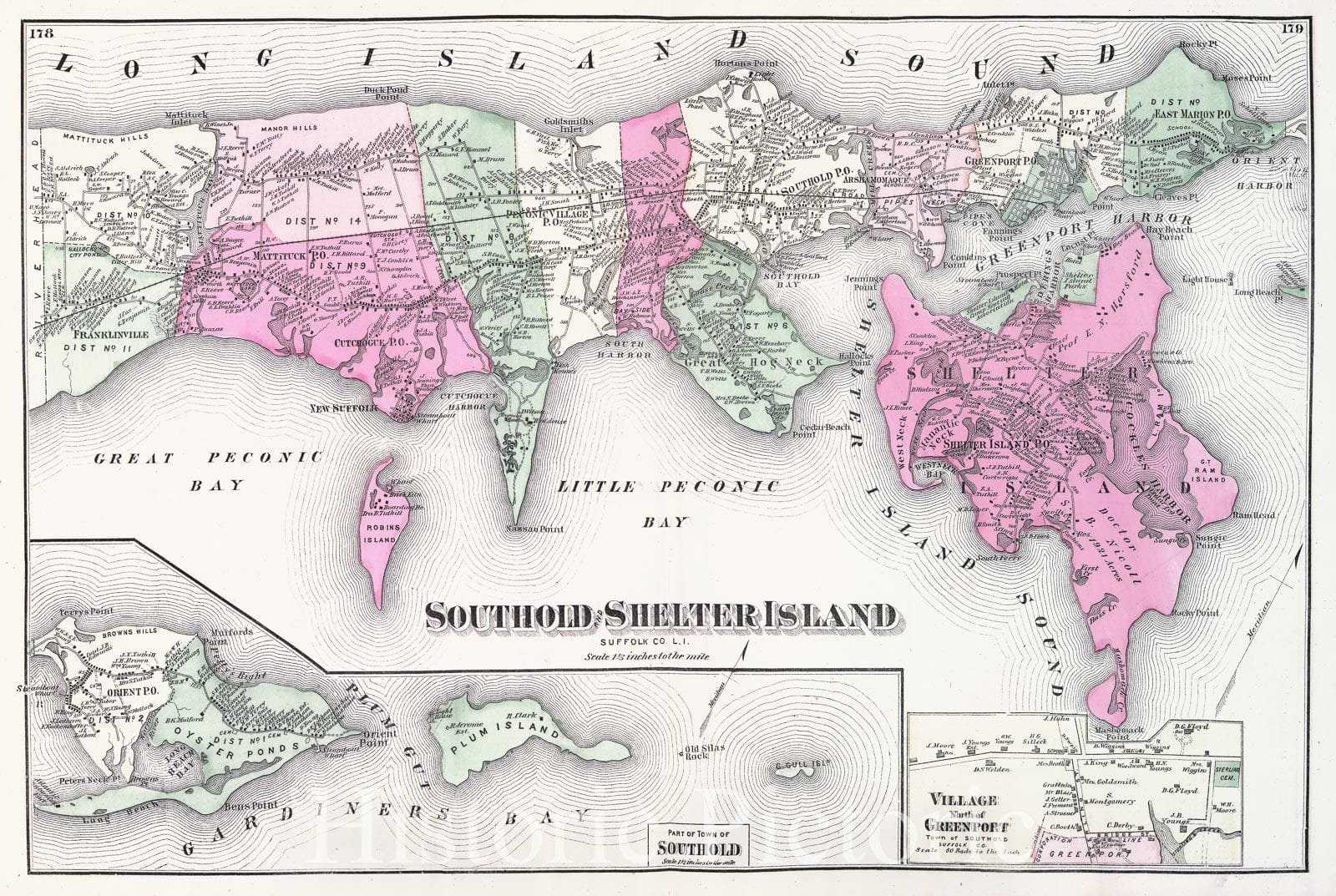 Historic Map : Beers Map of Southold & Shelter Island, Long Island, New York, 1873, Vintage Wall Art