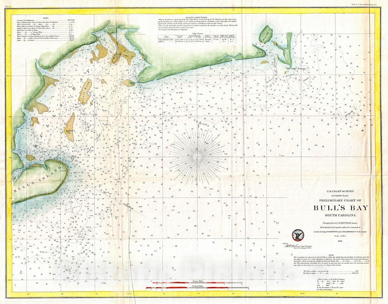 Historic Map : U.S. Coast Survey Map of Bull's Bay South Carolina, 1859, Vintage Wall Art