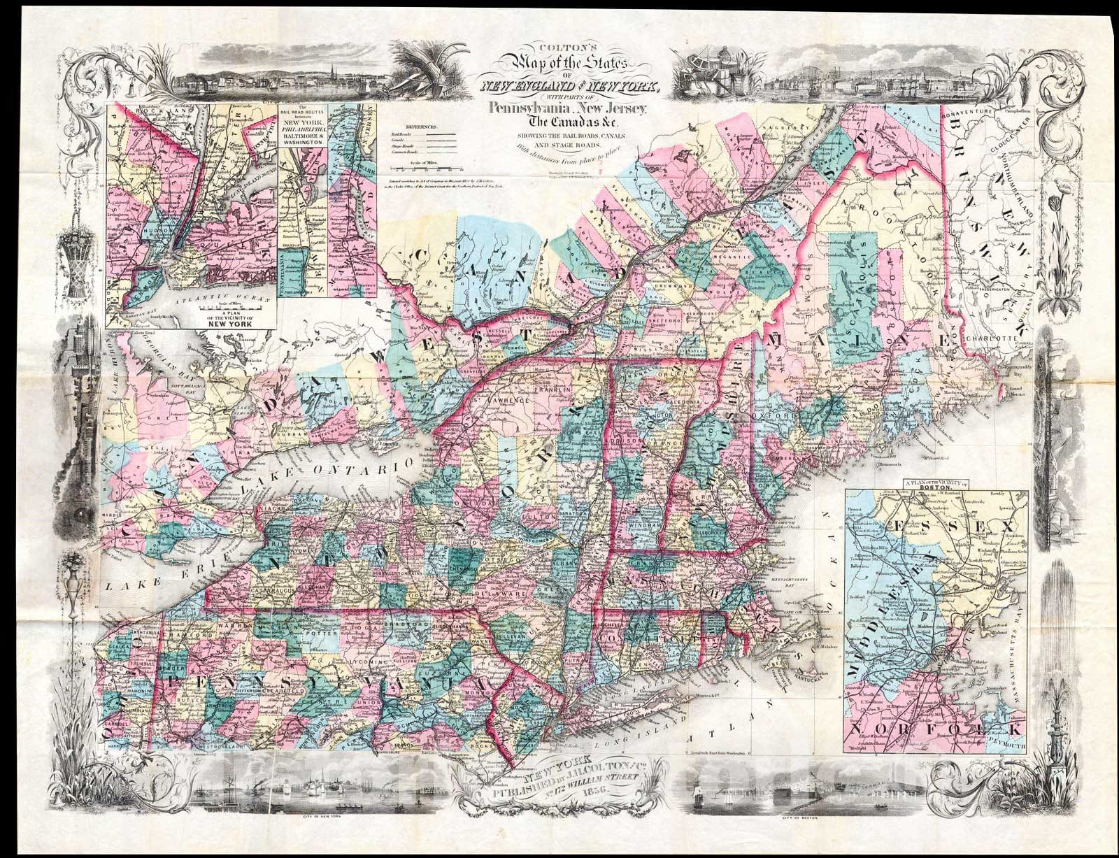 Historic Map : Colton Pocket Map of New England & New York, 1856, Vintage Wall Art
