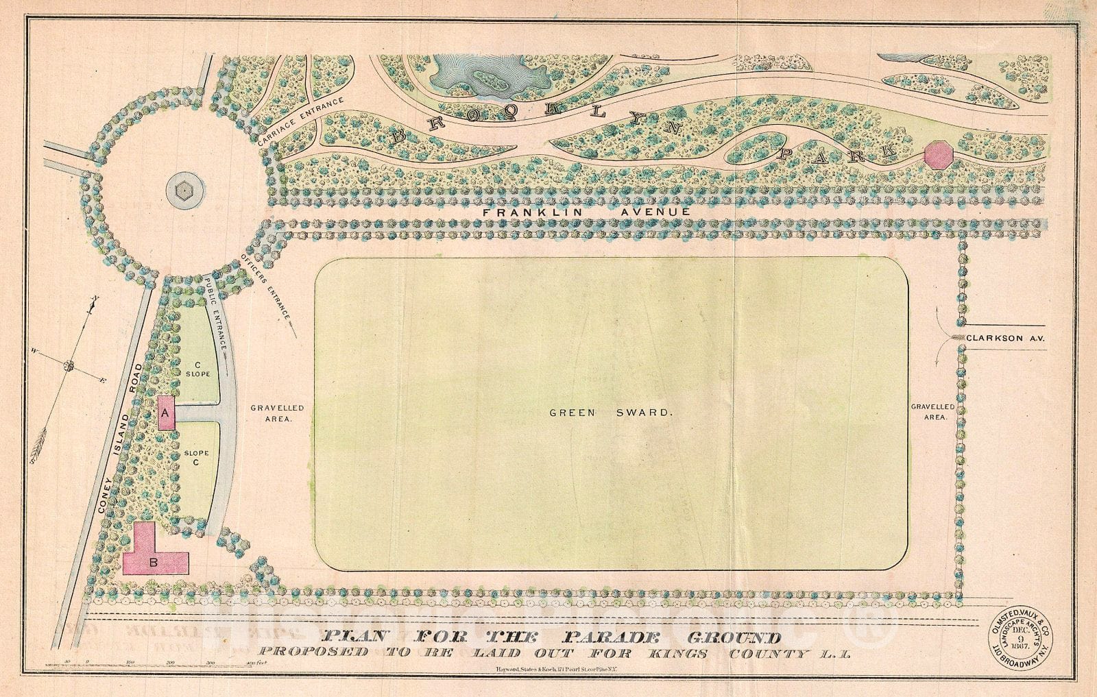 Historic Map : Vaux and Olmstead's Map of The Prospect Park Parade Grounds, Brooklyn, New York, 1868, Vintage Wall Art