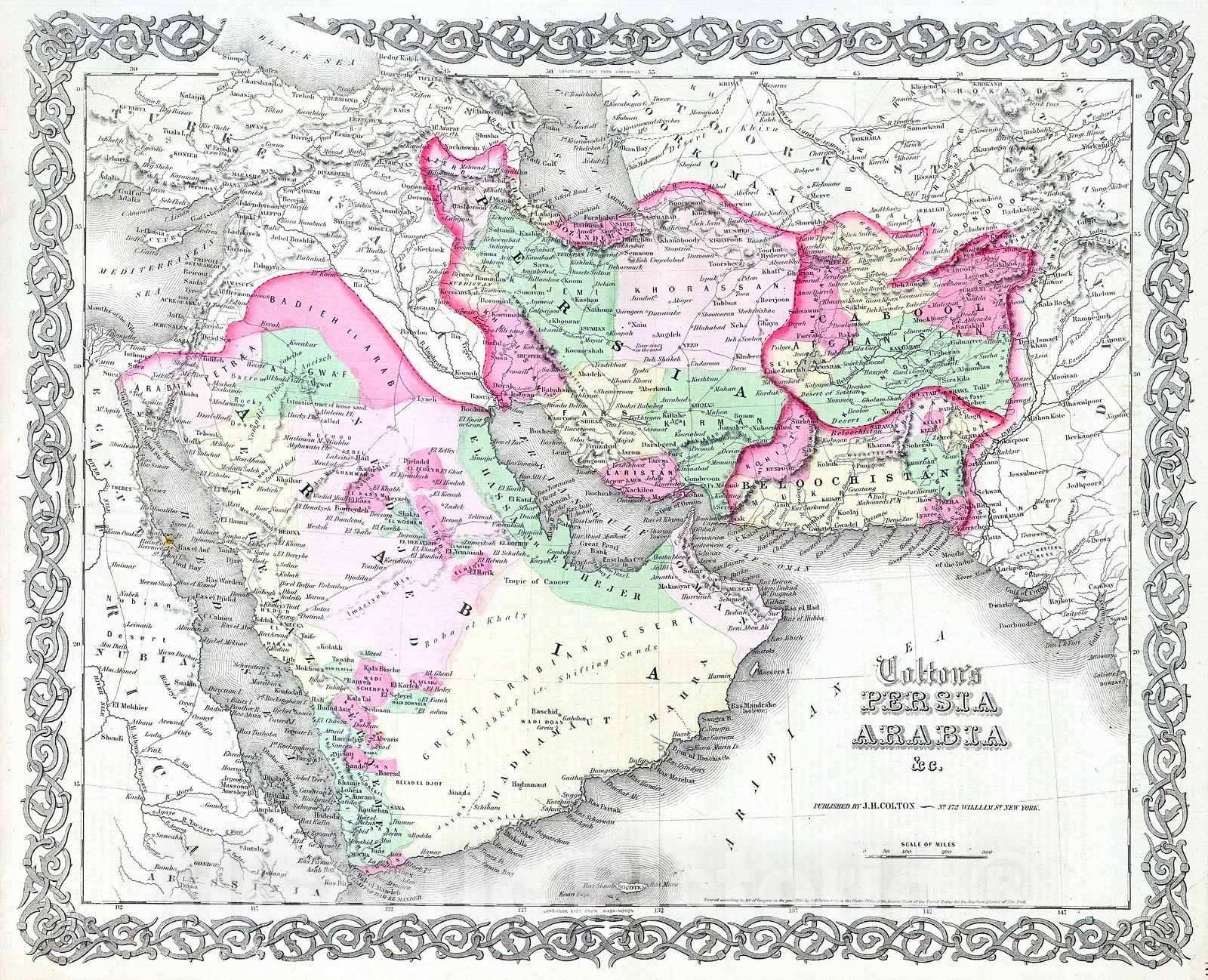Historic Map : Colton map of Persia & Arabia (Saudi Arabia, Iraq, Israel and Afghanistan) , 1855, Vintage Wall Art