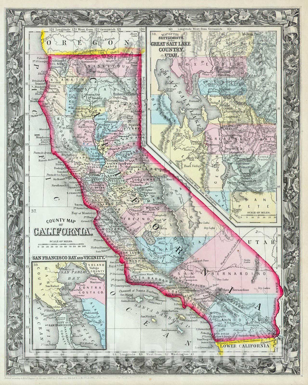 Historic Map : Mitchell's Map of California, 1860, Vintage Wall Art