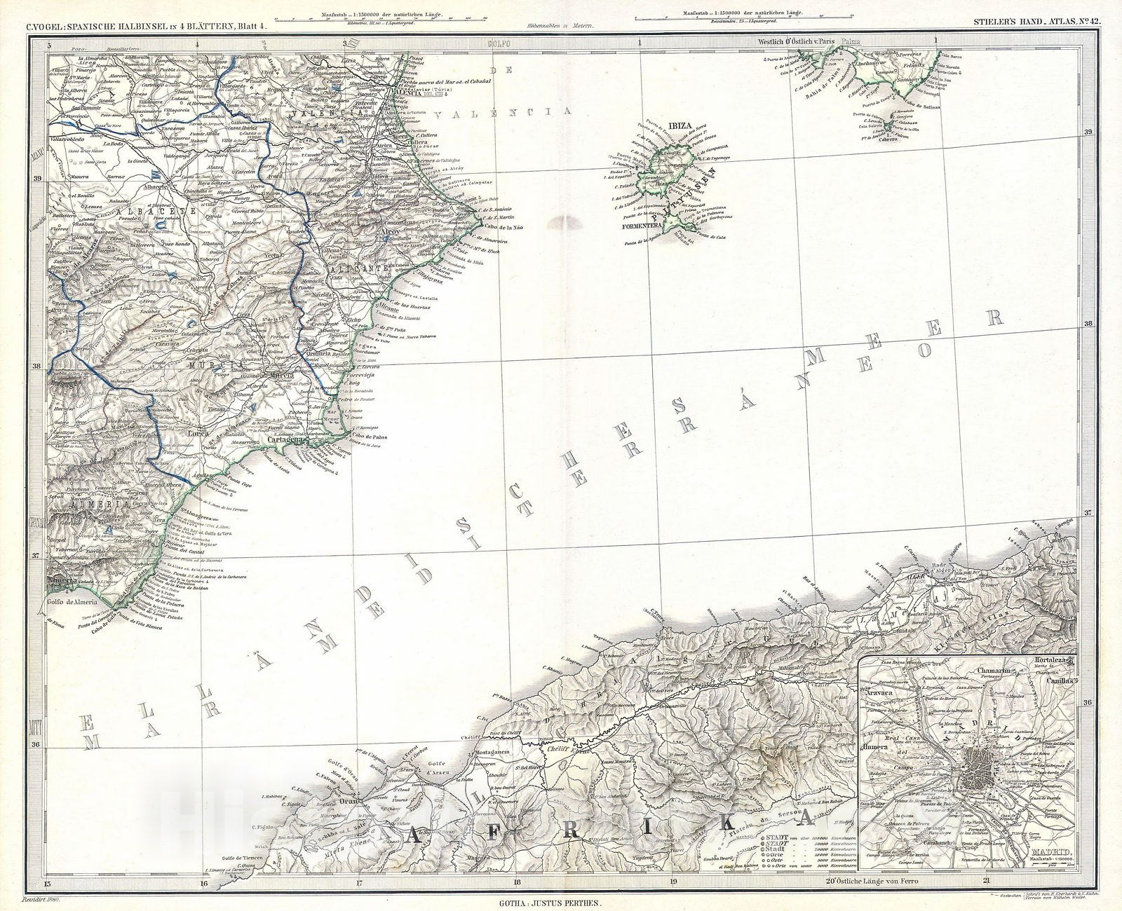 Historic Map : Stieler's Map of Ibiza and Spanish and African Coasts , 1873, Vintage Wall Art