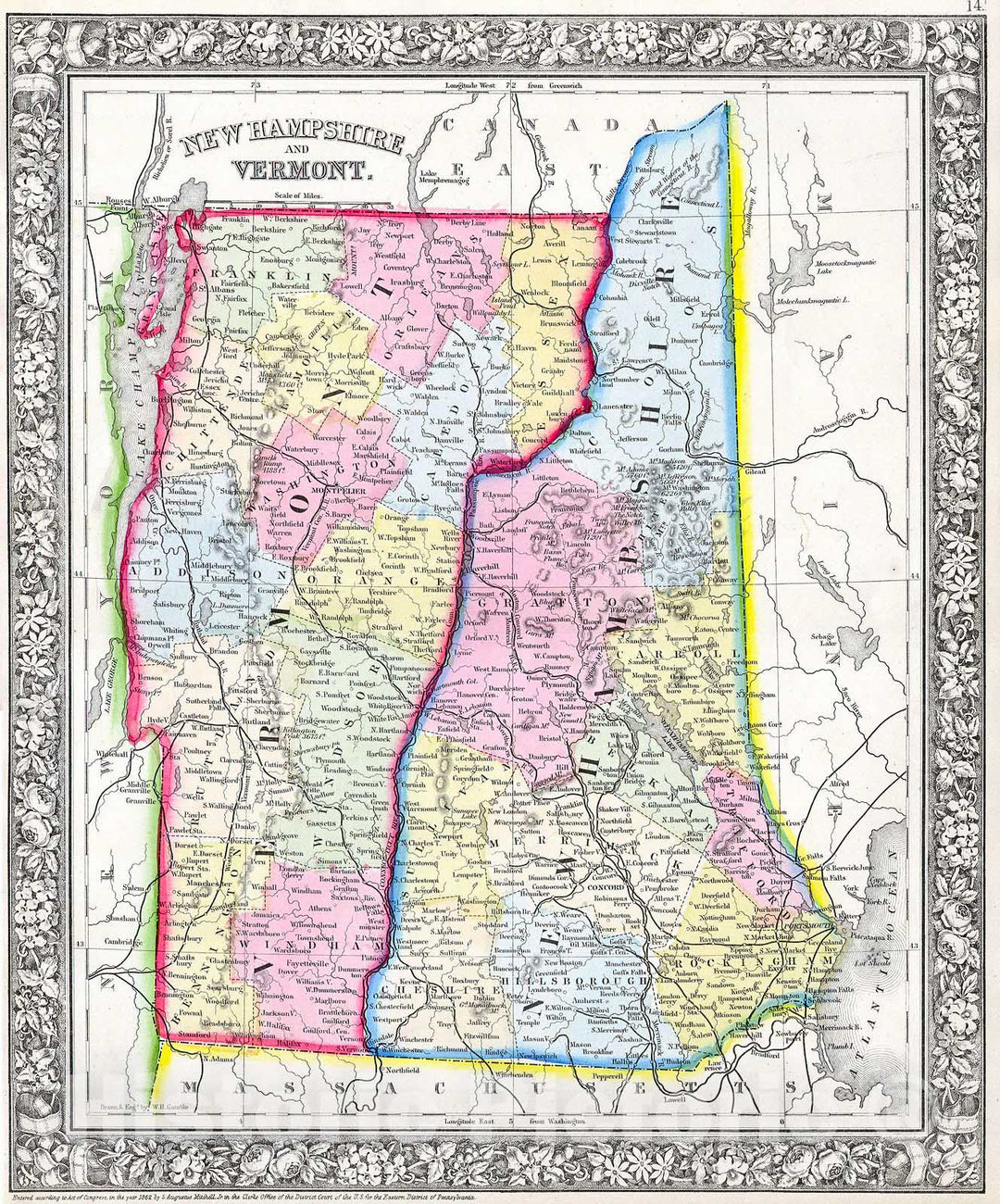 Historic Map : Mitchell's Map of Vermont and New Hampshire , 1862, Vintage Wall Art