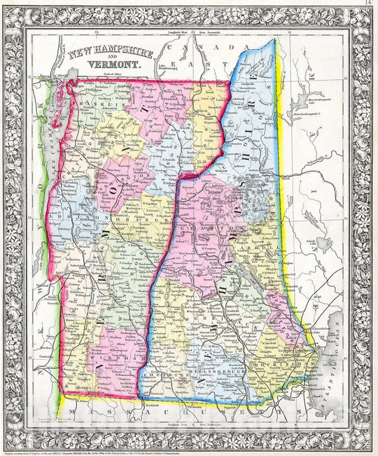 Historic Map : Mitchell's Map of Vermont and New Hampshire , 1862, Vintage Wall Art