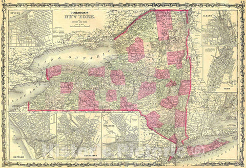 Historic Map : Johnson's Map of New York State, 1862, Vintage Wall Art