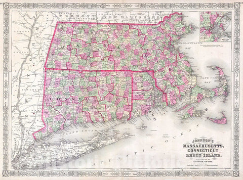 Historic Map - Johnson's Massachusetts Connecticut and Rhode Island, 1863, Benjamin Ward - Vintage Wall Art