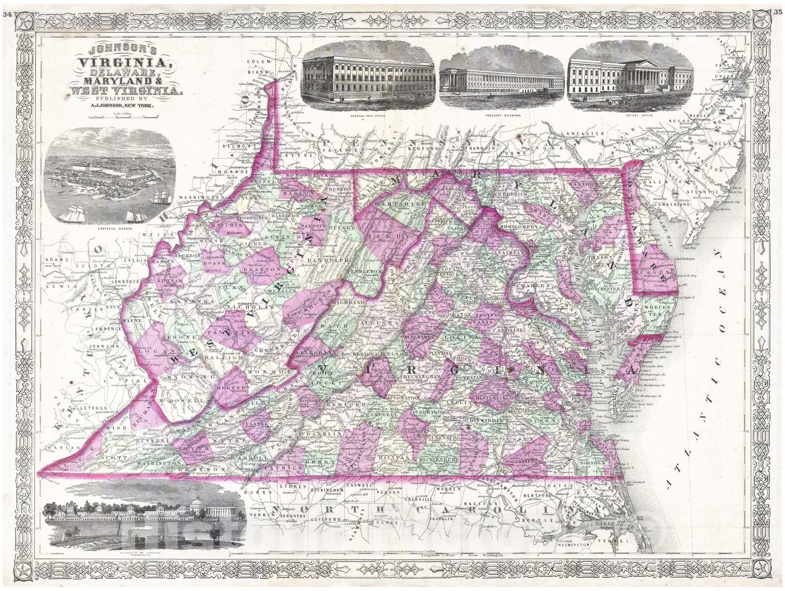 Historic Map : Johnson's Map of Virginia, Delaware, Maryland and West Virginia, 1864, Vintage Wall Art