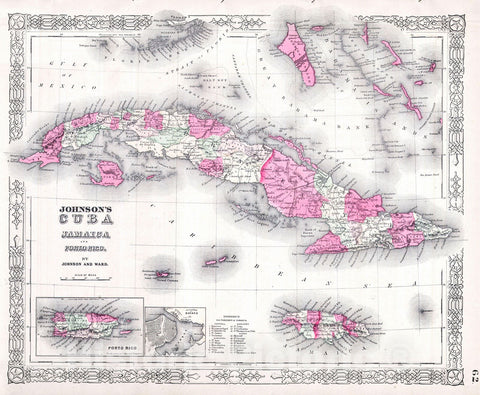 Historic Map : Johnson's Map of Cuba, Jamaica, The Bahamas & Puerto Rico , 1864, Vintage Wall Art