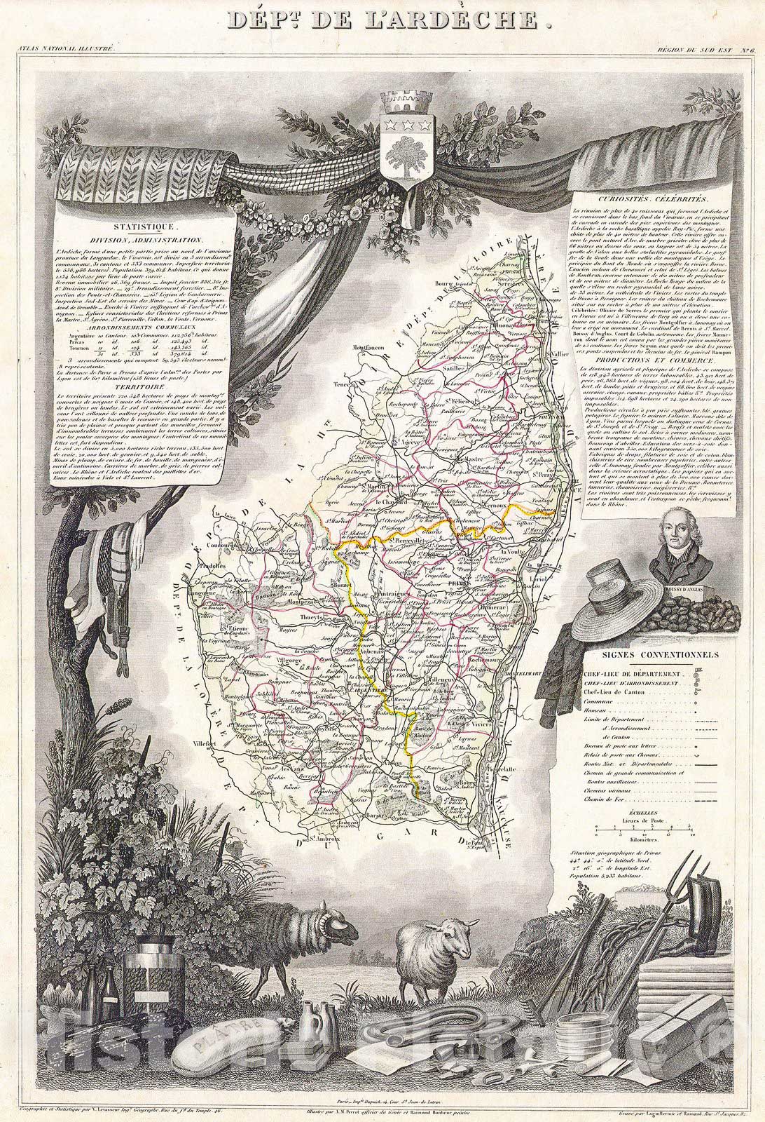 Historic Map : Levasseur Map of The Dept. de L'Ardeche, France, 1847, Vintage Wall Art