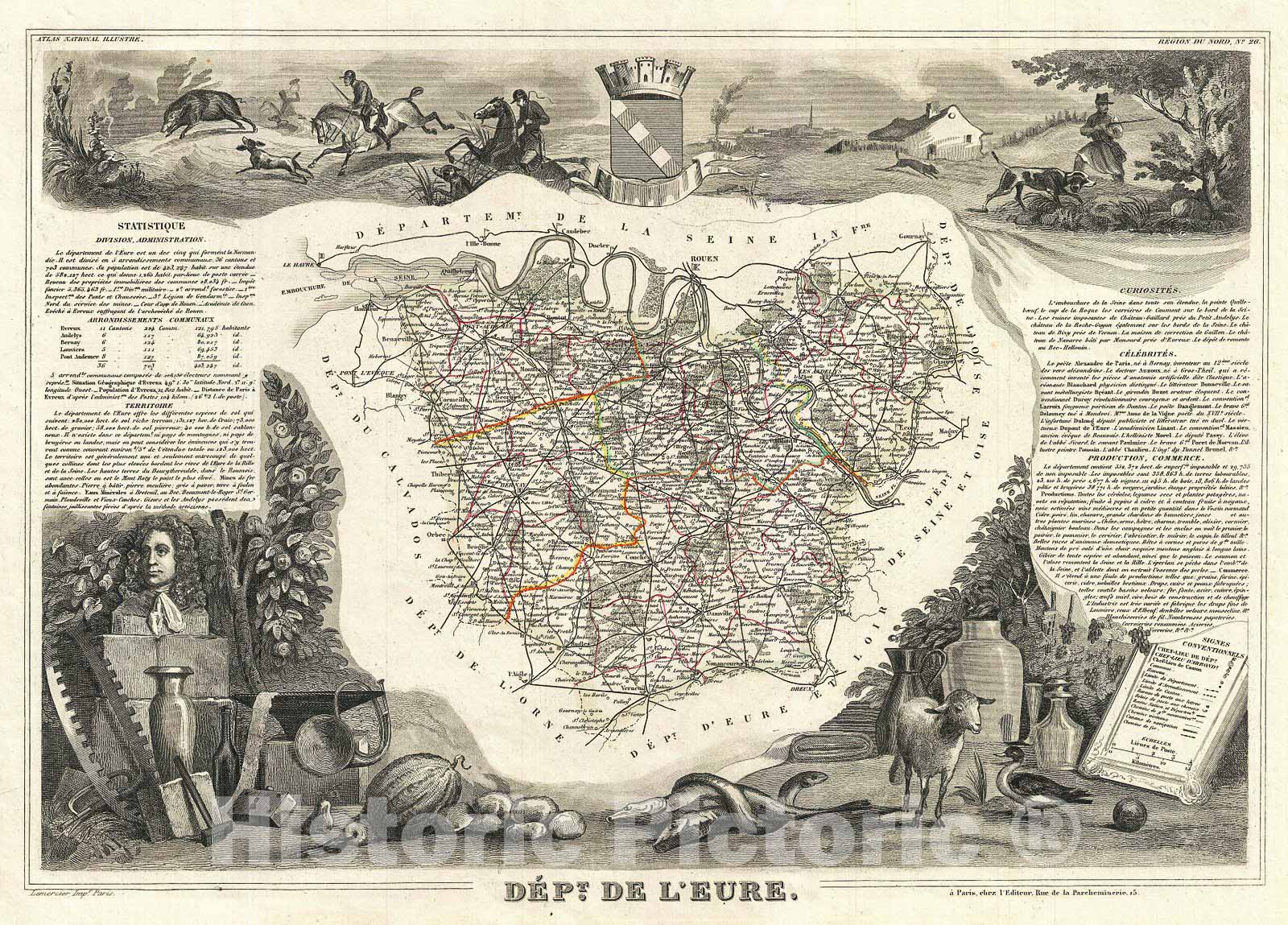 Historic Map : Levasseur Map of The Department de L'Eure, France, 1852, Vintage Wall Art