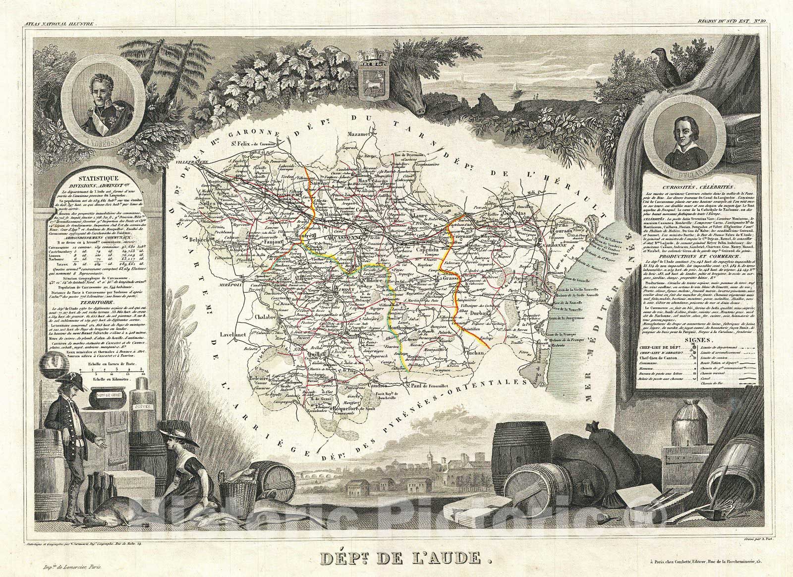 Historic Map : Levasseur Map of The Department L'Aude, France, 1852, Vintage Wall Art