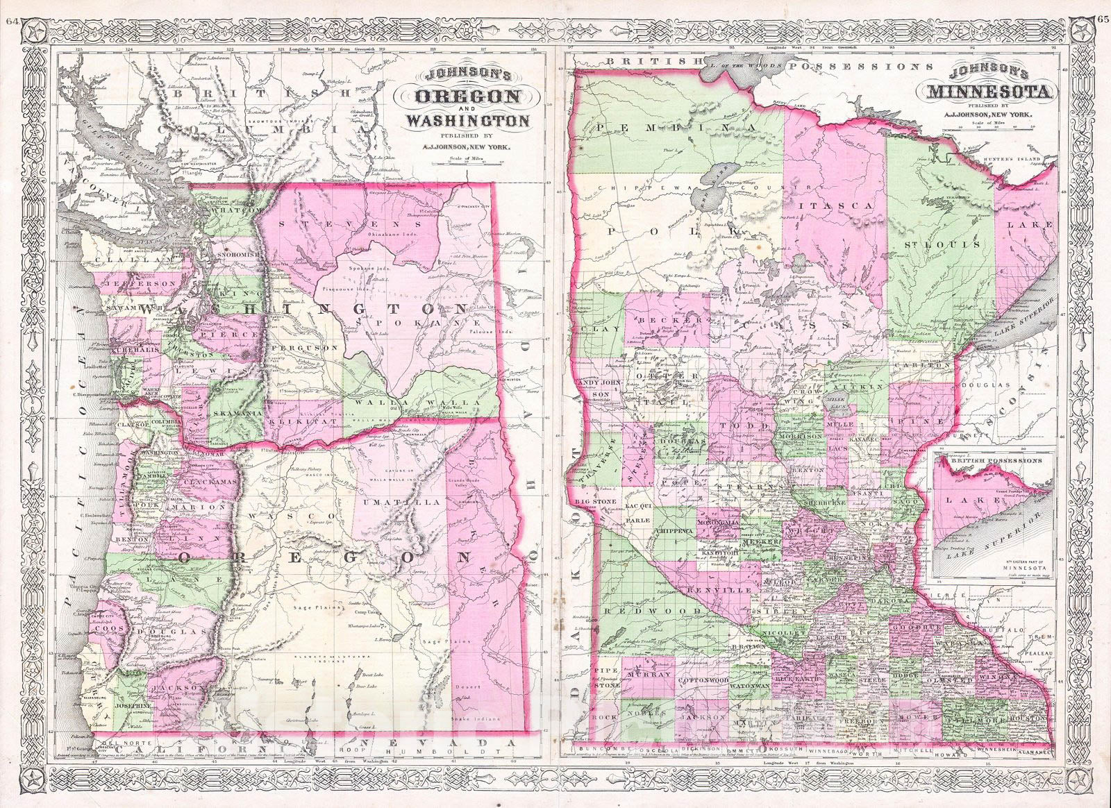 Historic Map : Johnson Map of Washington, Oregon & Minnesota, 1865, Vintage Wall Art