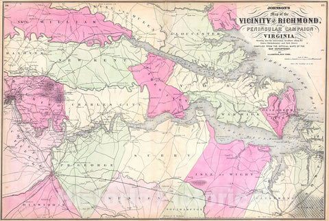 Historic Map : Johnson's Map of the Vicinity of Richmond, Peninsular Campaign in Virginia., 1862, Benjamin Ward, Vintage Wall Art
