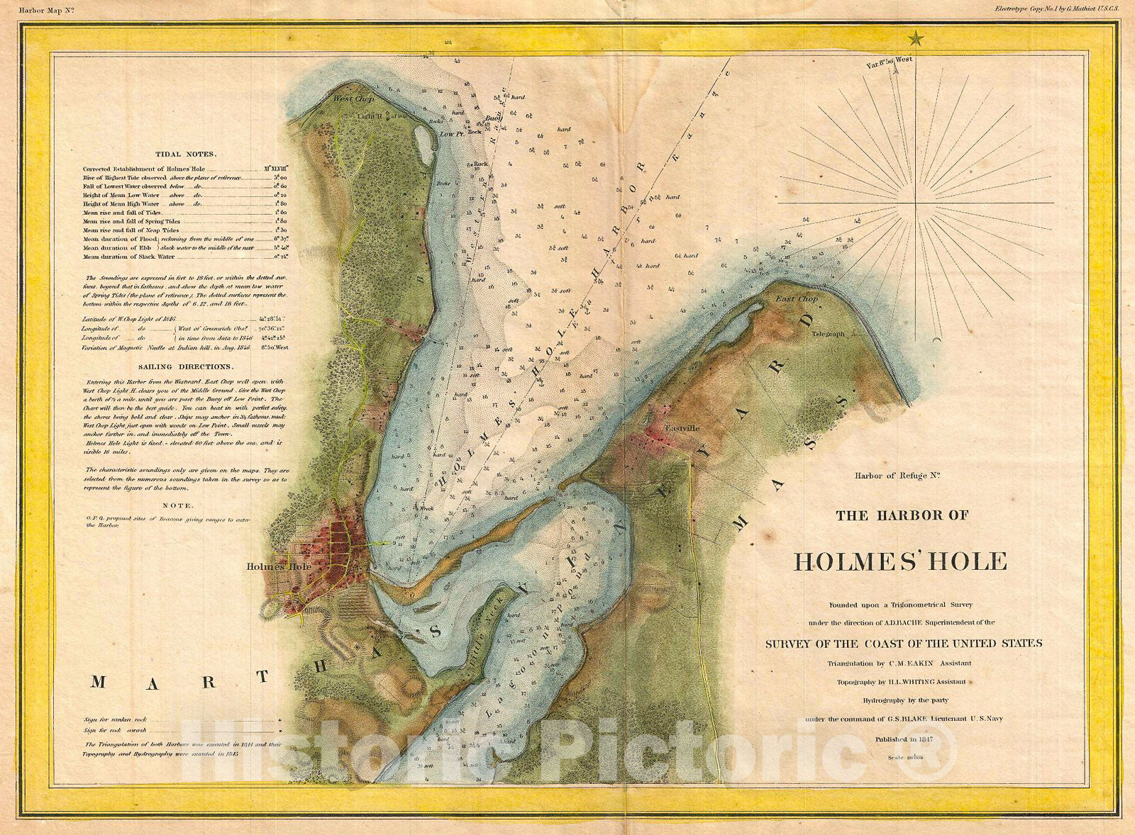 Historic Map : U.S. Coast Survey Map of Holmes' Hole (Vineyard Haven), Martha's Vineyard, Massachusetts, 1847, Vintage Wall Art